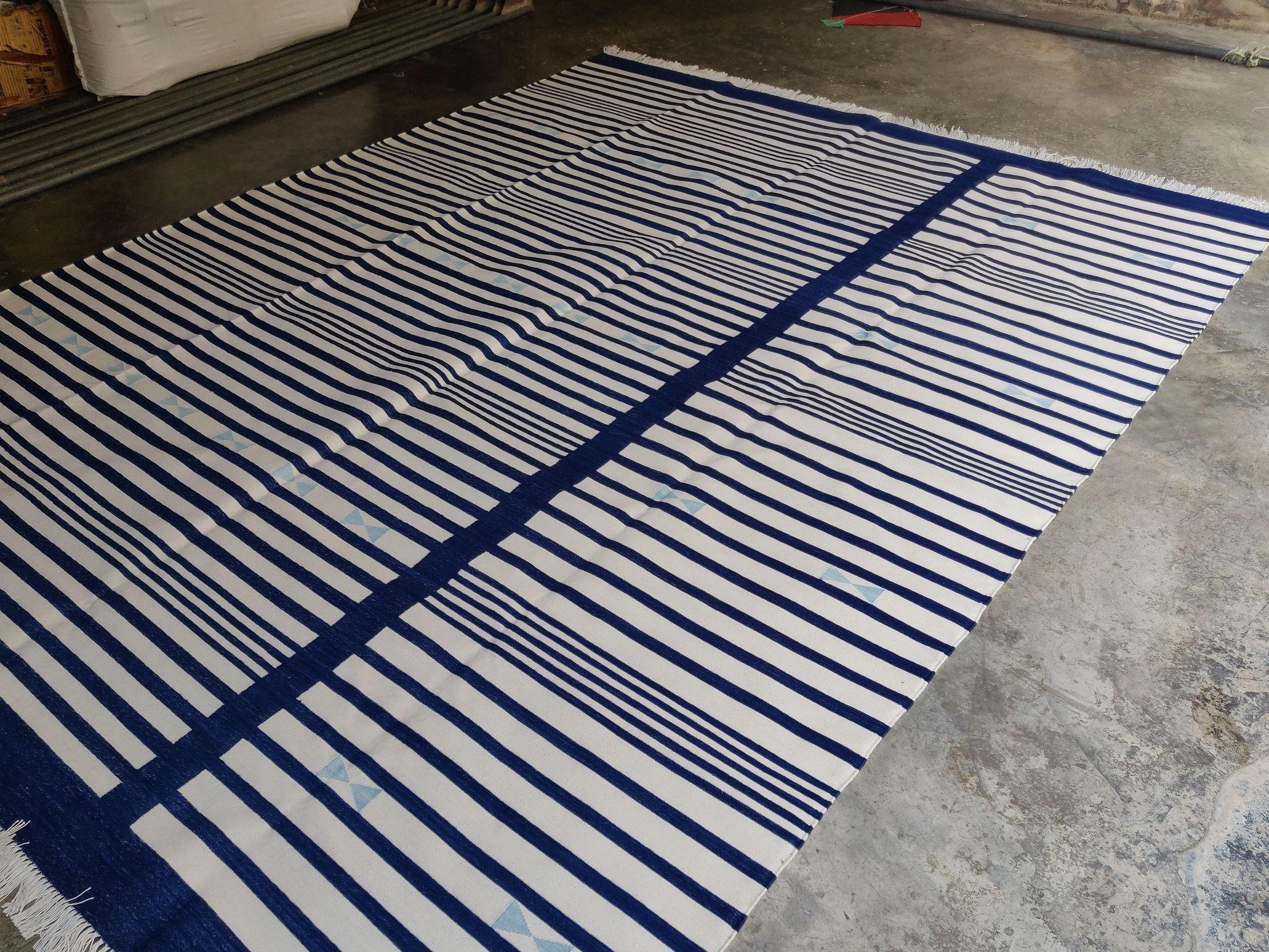 Handmade Cotton Area Flat Weave Rug, 8x10 Navy Blue, White Stripe Indian Dhurrie For Sale 5