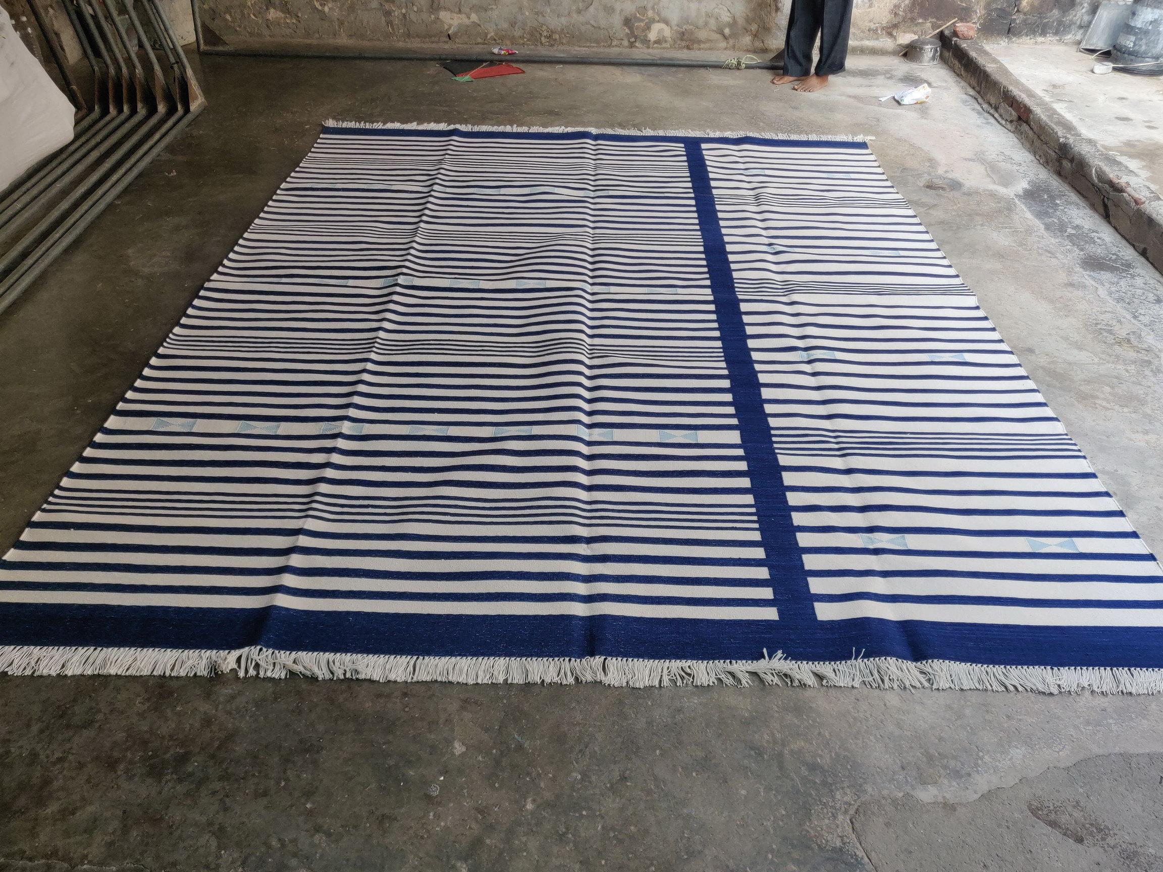 Handmade Cotton Area Flat Weave Rug, 8x10 Navy Blue, White Stripe Indian Dhurrie For Sale 6