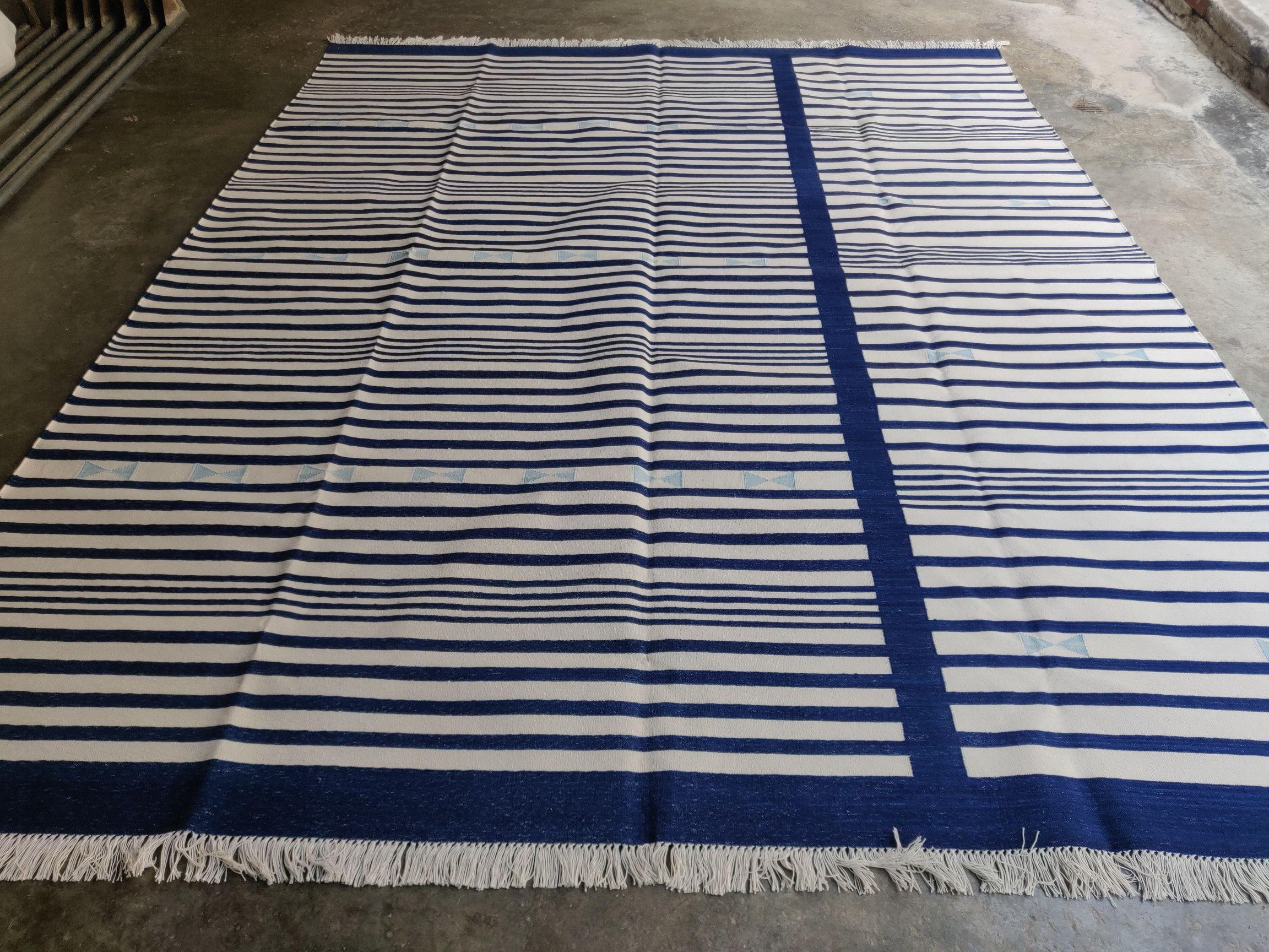 Handmade Cotton Area Flat Weave Rug, 8x10 Navy Blue, White Stripe Indian Dhurrie For Sale 7