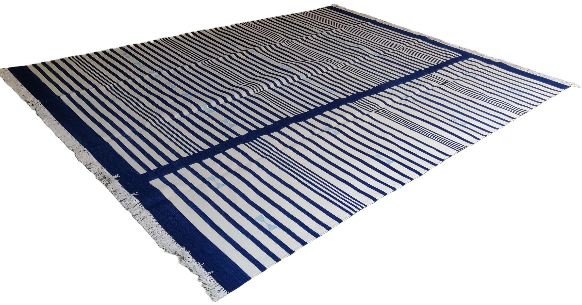 Handmade Cotton Area Flat Weave Rug, 8x10 Navy Blue, White Stripe Indian Dhurrie For Sale 8