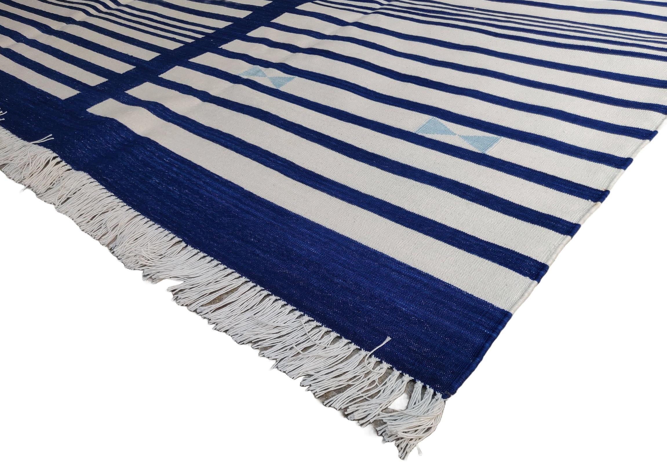 Arts and Crafts Handmade Cotton Area Flat Weave Rug, 8x10 Navy Blue, White Stripe Indian Dhurrie For Sale