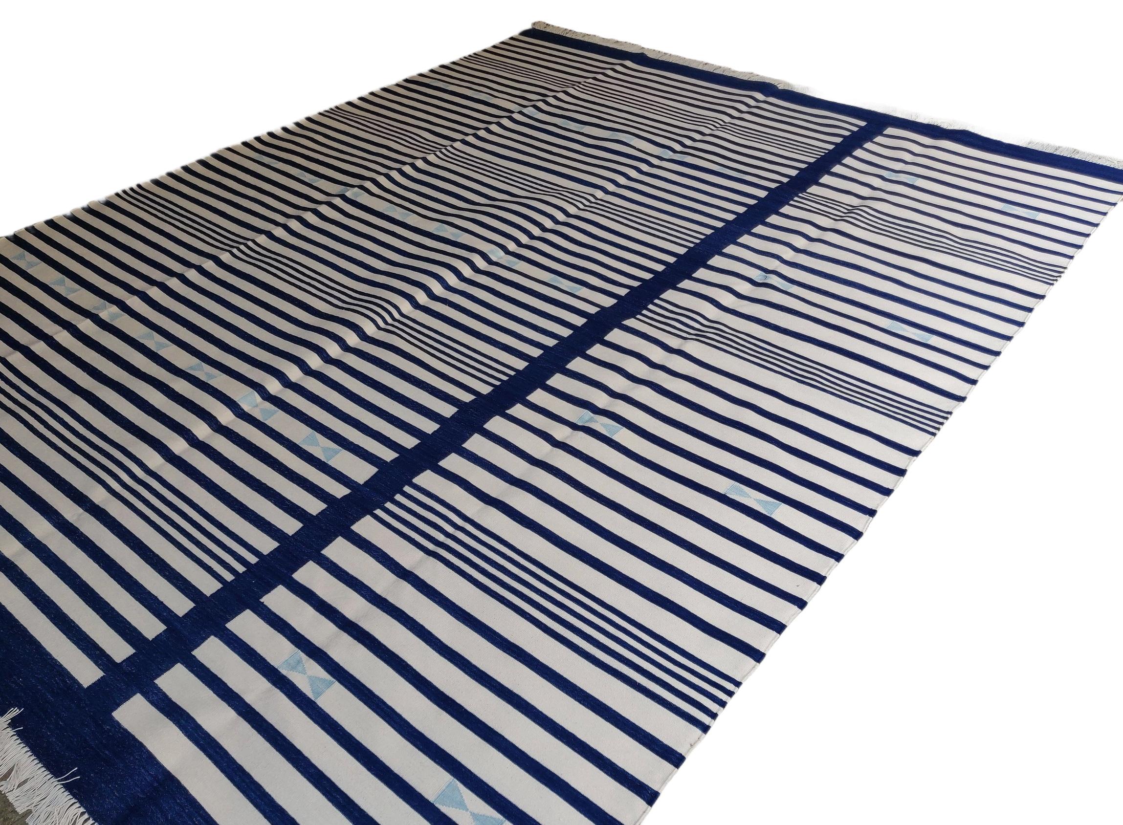 Hand-Woven Handmade Cotton Area Flat Weave Rug, 8x10 Navy Blue, White Stripe Indian Dhurrie For Sale
