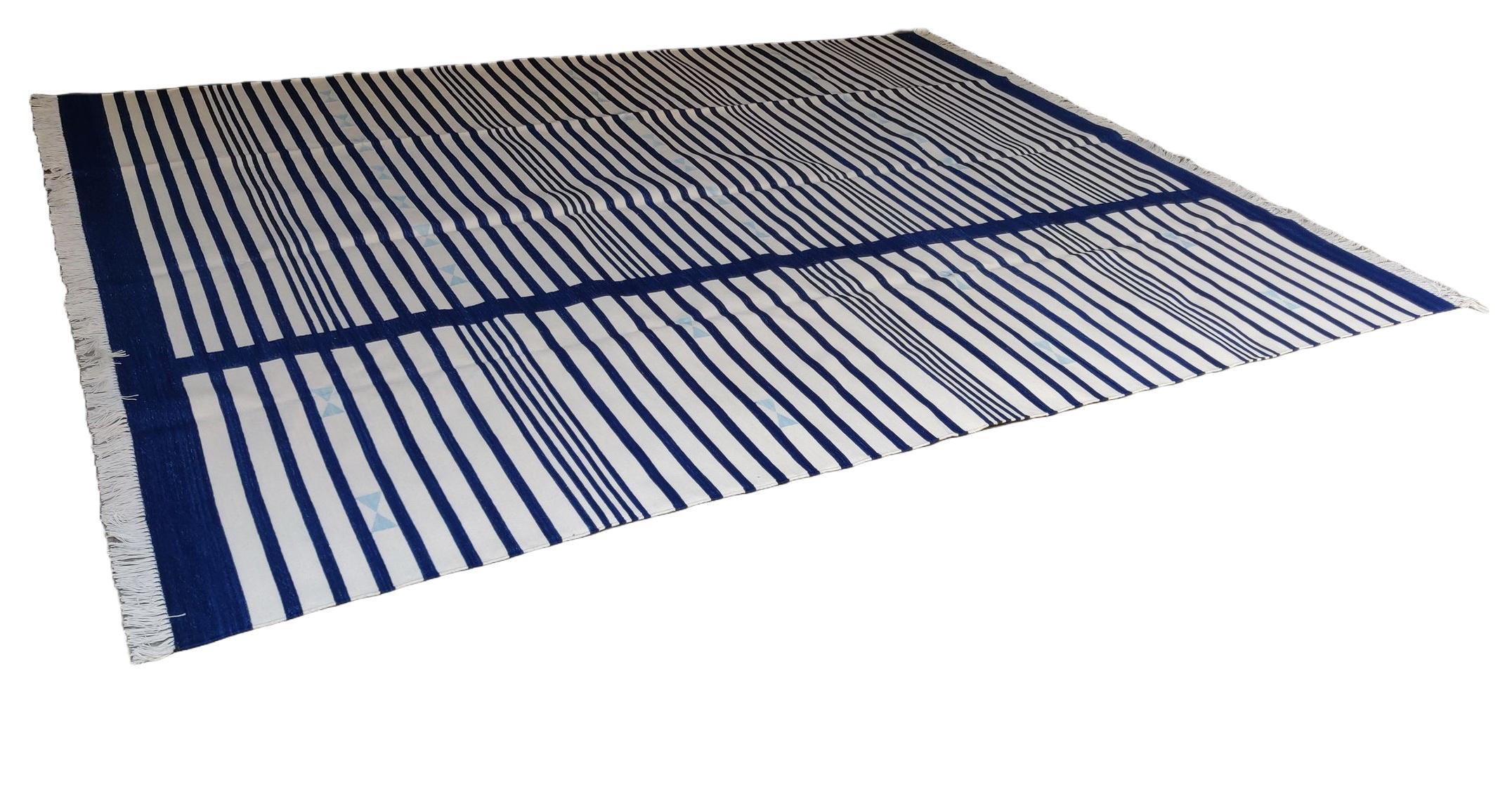 Contemporary Handmade Cotton Area Flat Weave Rug, 8x10 Navy Blue, White Stripe Indian Dhurrie For Sale