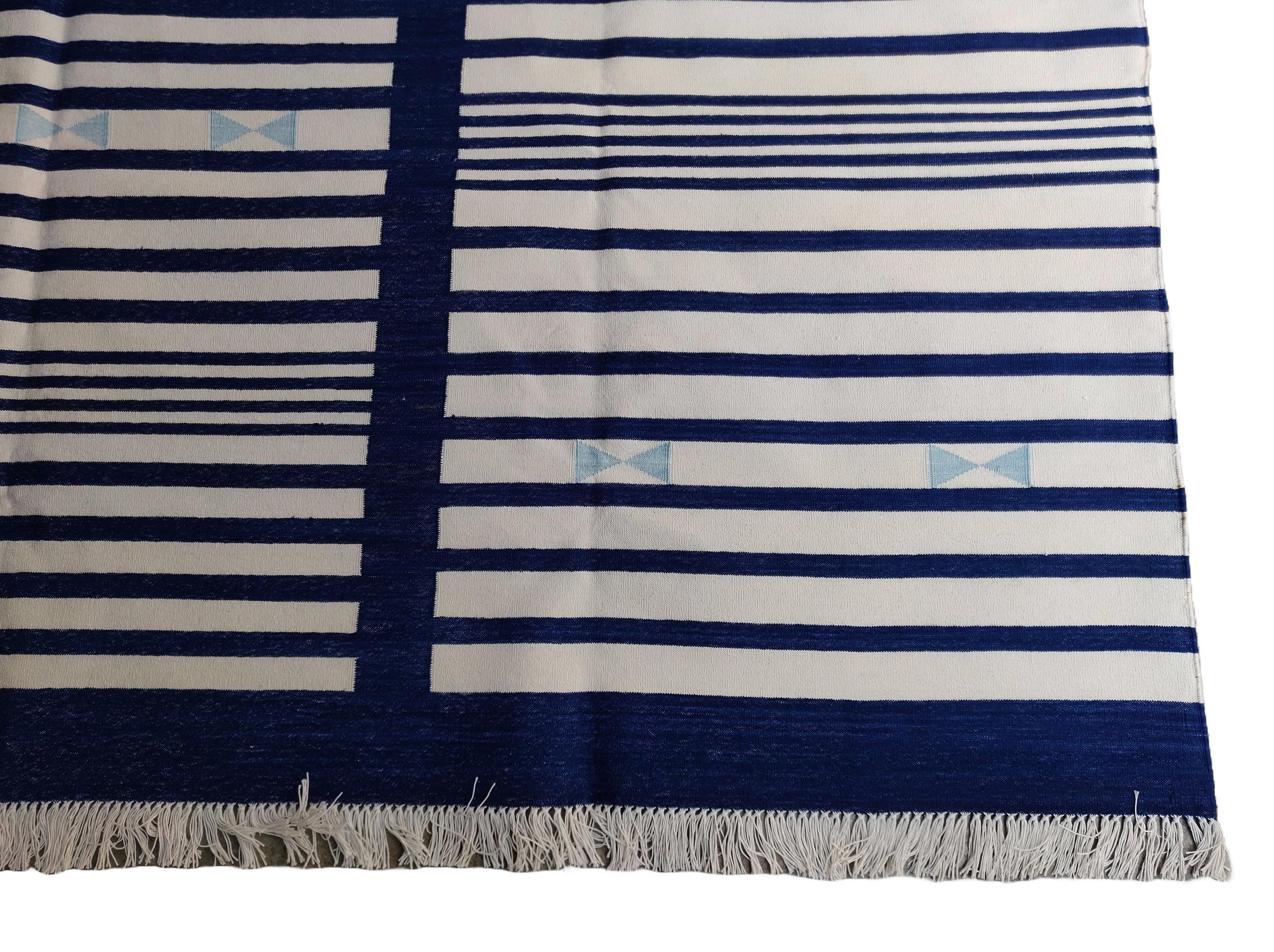 Handmade Cotton Area Flat Weave Rug, 8x10 Navy Blue, White Stripe Indian Dhurrie For Sale 1