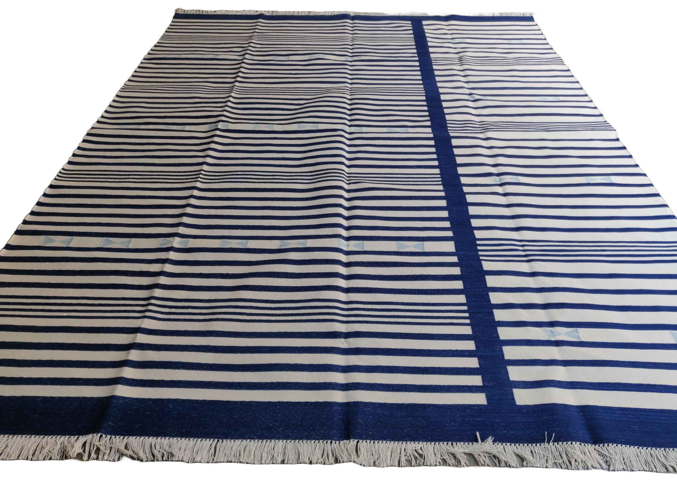 Handmade Cotton Area Flat Weave Rug, 8x10 Navy Blue, White Stripe Indian Dhurrie For Sale 2