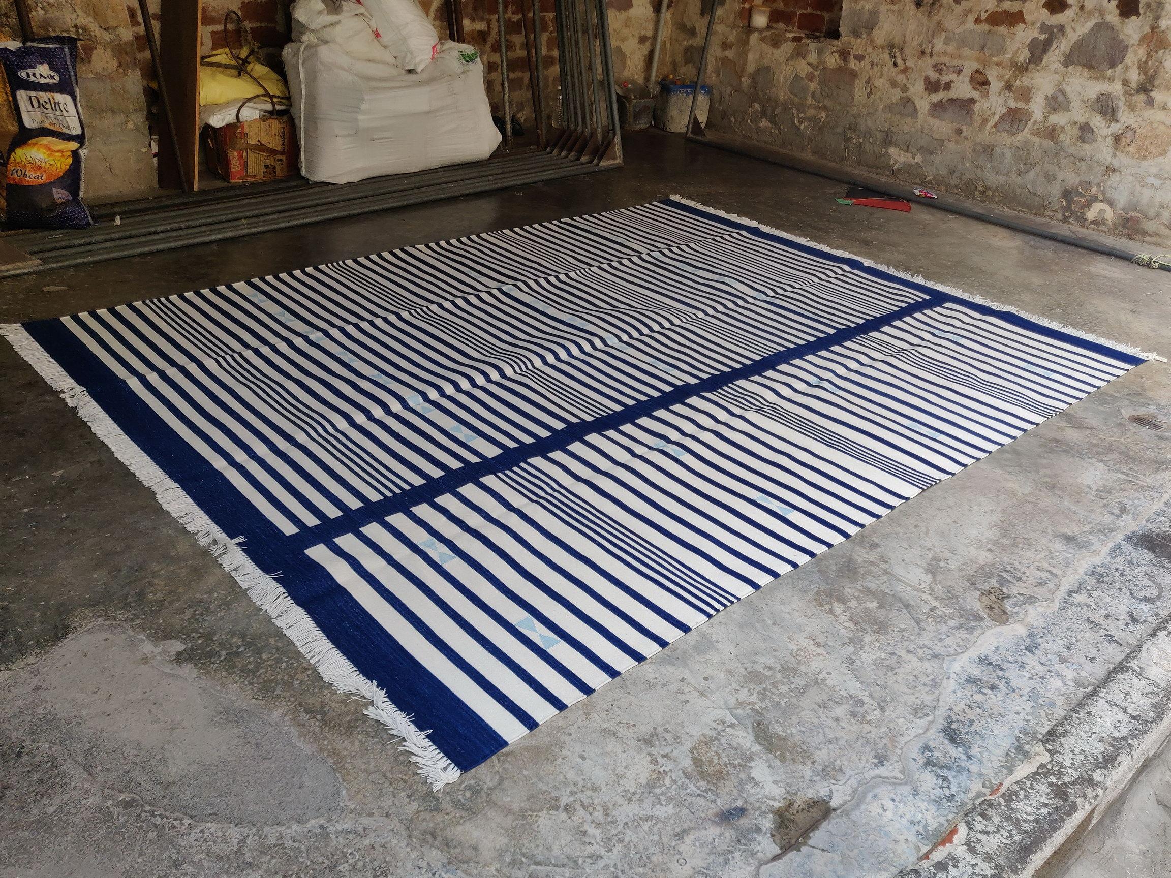 Handmade Cotton Area Flat Weave Rug, 8x10 Navy Blue, White Stripe Indian Dhurrie For Sale 3