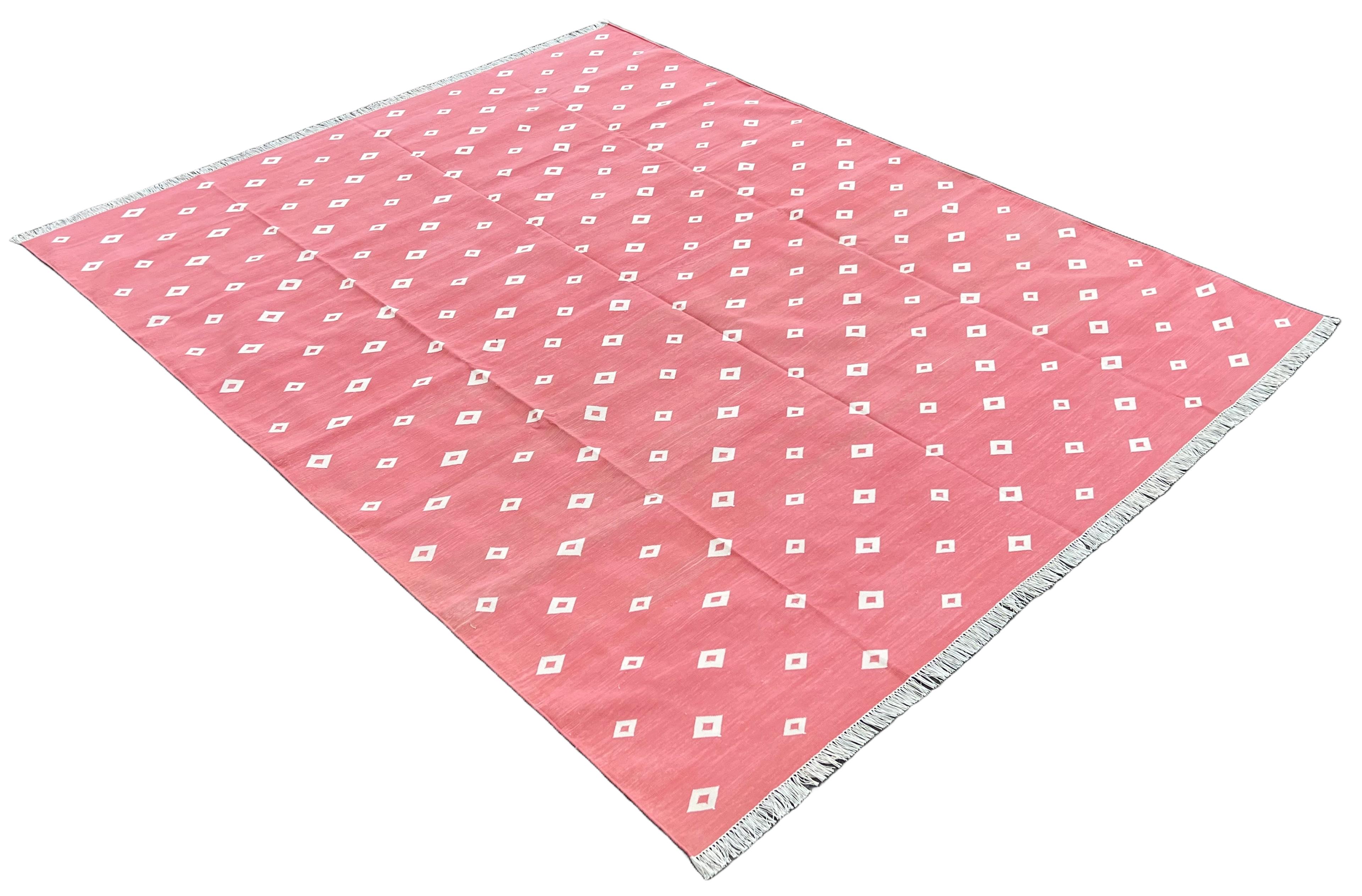 Handmade Cotton Natural Vegetable Dyed Rug, Pink And White Diamond Indian Dhurrie- 8'x10'
These special flat-weave dhurries are hand-woven with 15 ply 100% cotton yarn. Due to the special manufacturing techniques used to create our rugs, the size