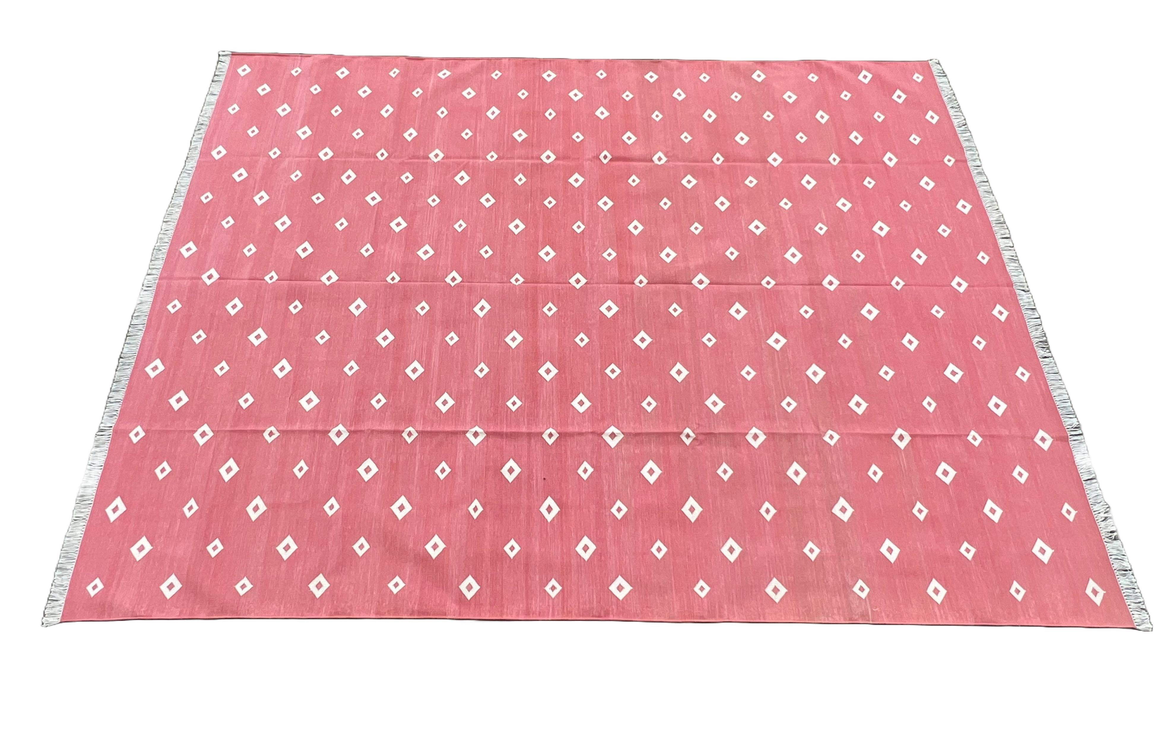 Mid-Century Modern Handmade Cotton Area Flat Weave Rug, 8x10 Pink And White Diamond Indian Dhurrie For Sale