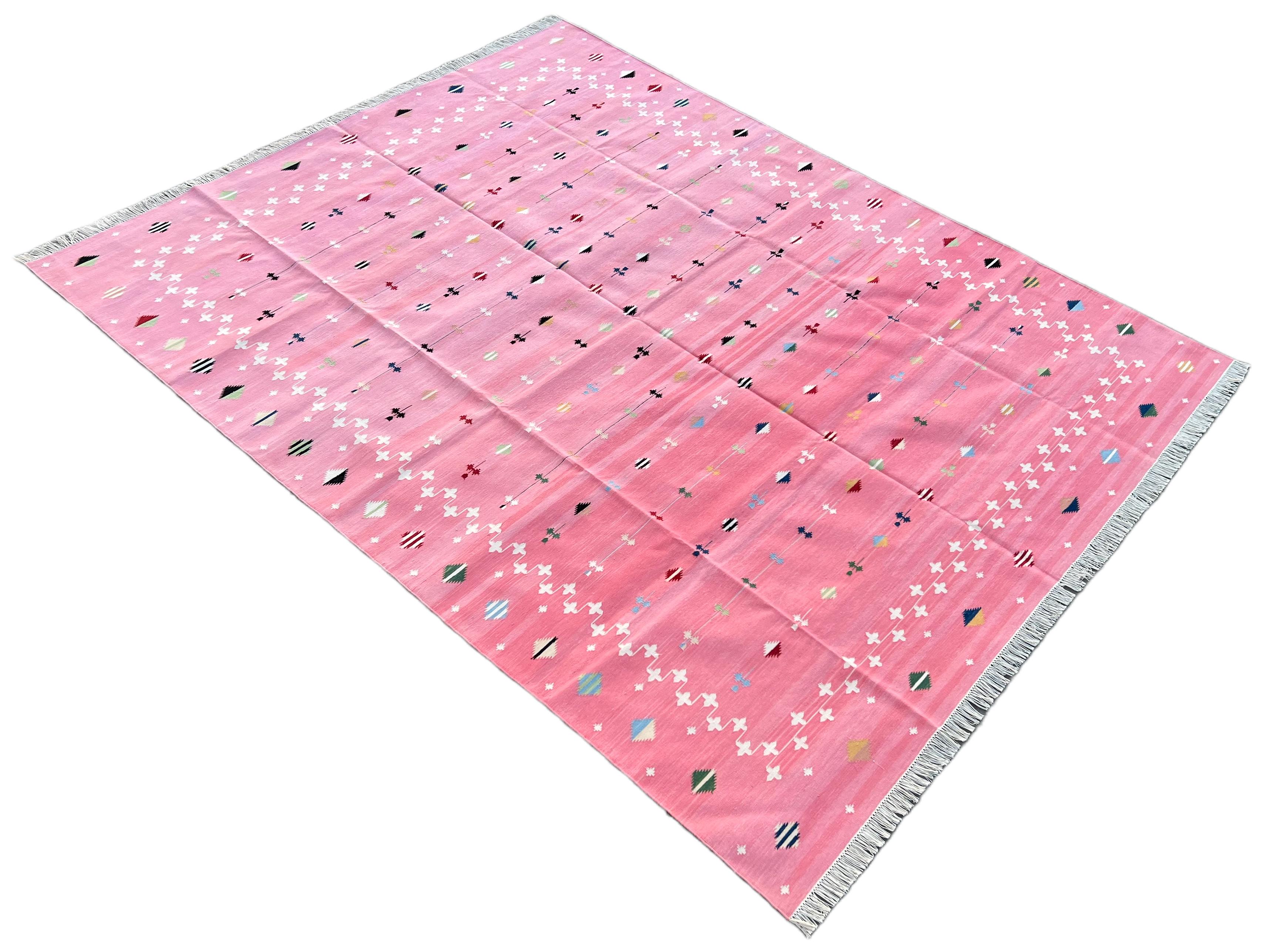 Kilim Handmade Cotton Area Flat Weave Rug, 8x10 Pink And White Shooting Star Dhurrie For Sale