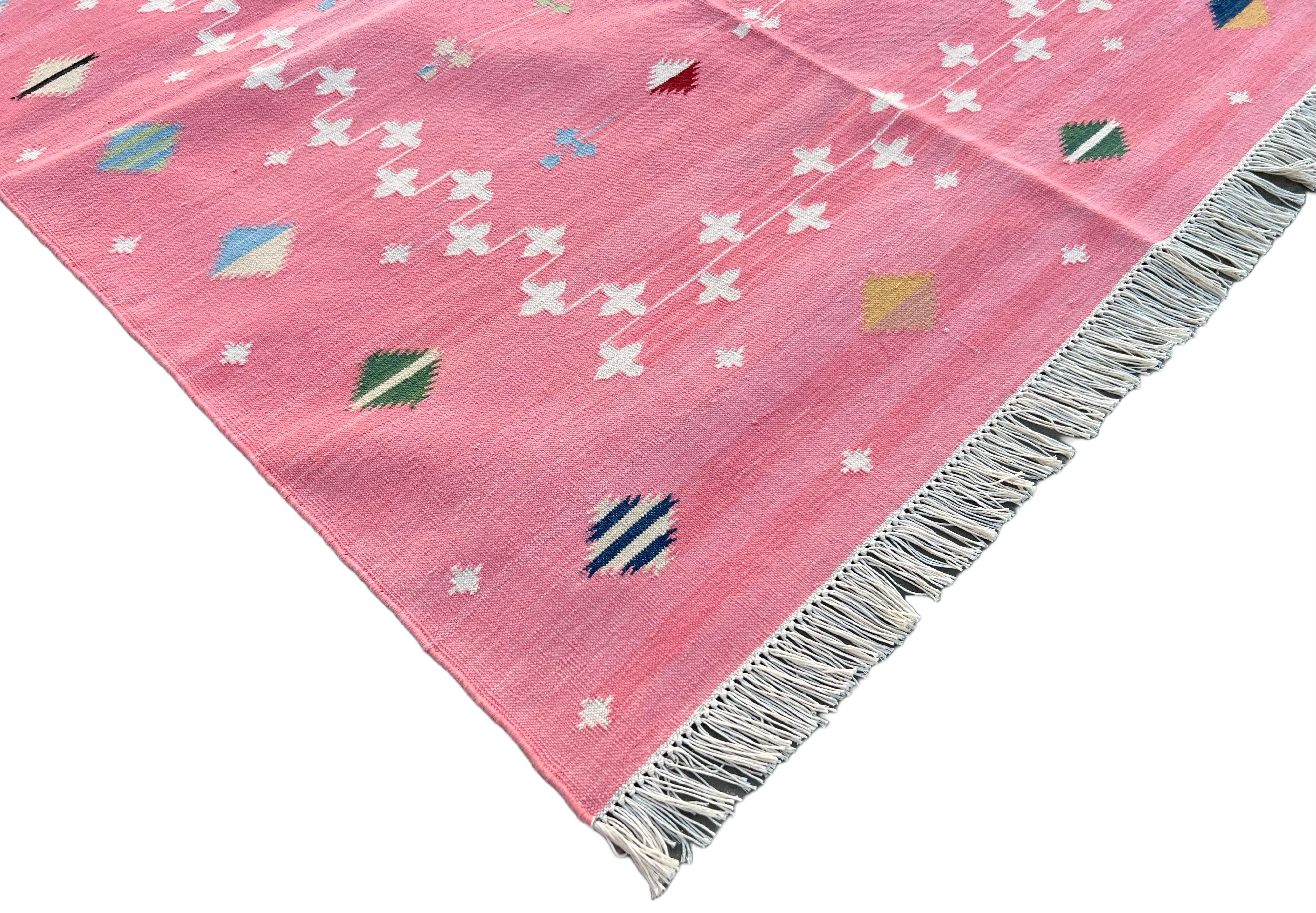 Hand-Woven Handmade Cotton Area Flat Weave Rug, 8x10 Pink And White Shooting Star Dhurrie For Sale