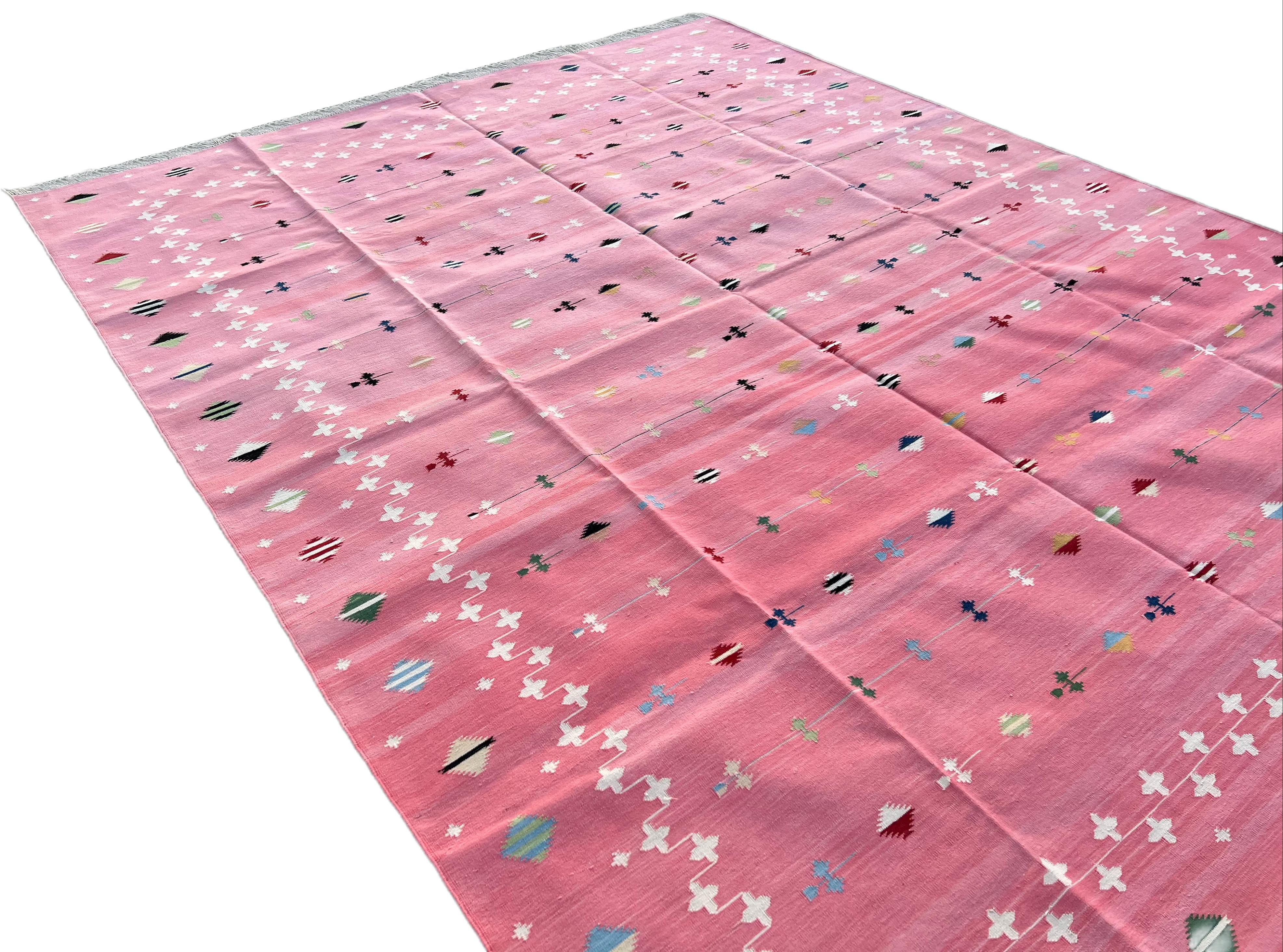 Contemporary Handmade Cotton Area Flat Weave Rug, 8x10 Pink And White Shooting Star Dhurrie For Sale