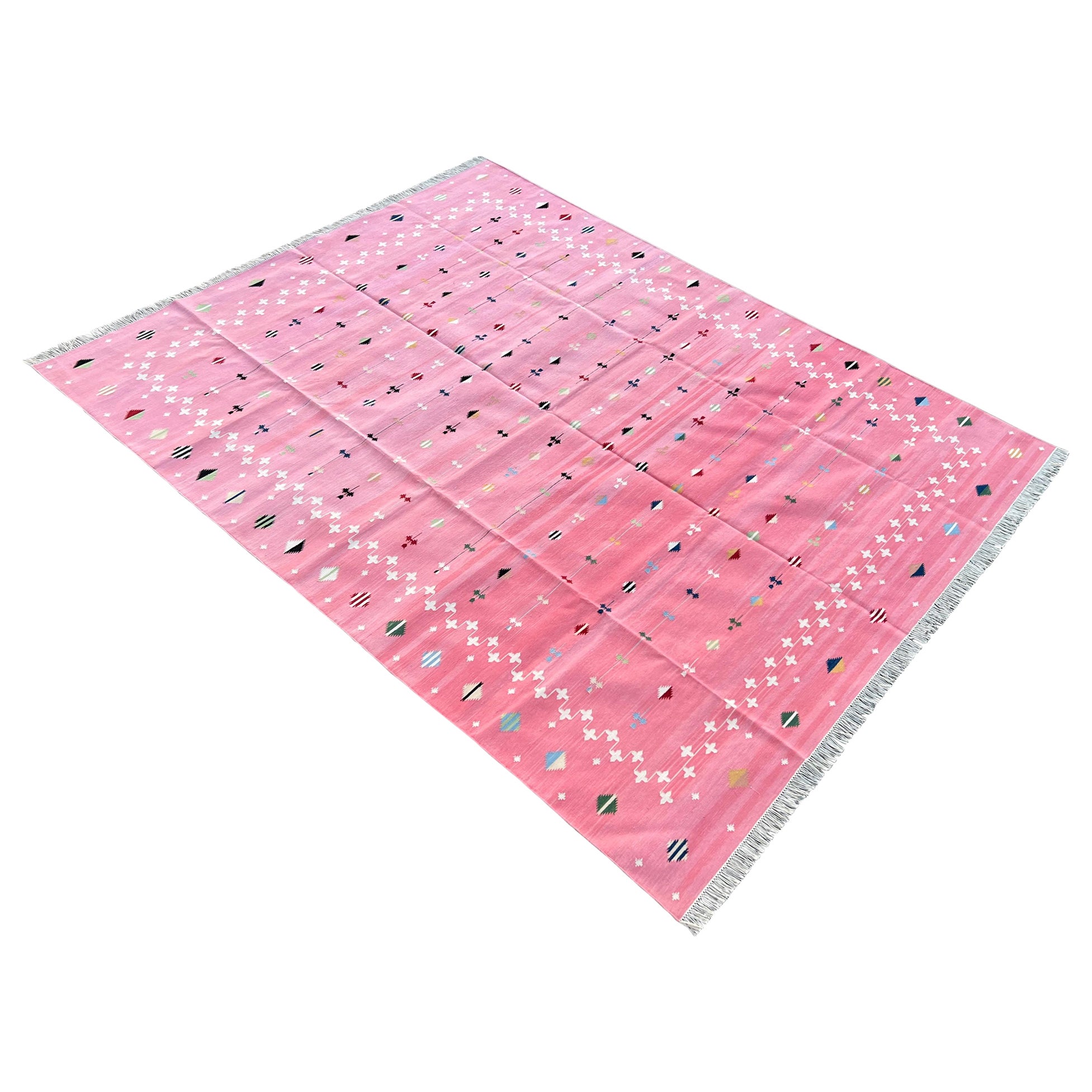 Handmade Cotton Area Flat Weave Rug, 8x10 Pink And White Shooting Star Dhurrie For Sale