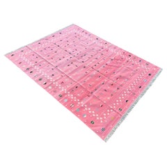 Tappeto a tessitura piatta in cotone fatto a mano, 8x10 Stella cadente bianca e rosa Dhurrie