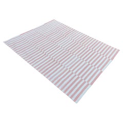 Tapis Dhurrie indien à rayures roses et blanches, 8 x 10 cm