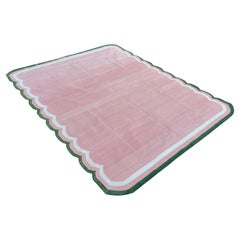 Handmade Cotton Area Flat Weave Rug, 8x10 Pink, Green Scalloped Indian Dhurrie