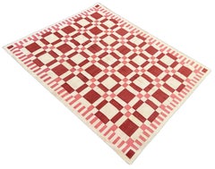 Tappeto a tessitura piatta in cotone fatto a mano, 8x10 Rosso e crema Geometrico Indiano Dhurrie