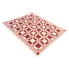 Alfombra de Algodón Hecha a Mano de Tejido Plano, 8x10 Dhurrie Geométrica India Roja y Crema