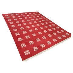 Handmade Cotton Area Flat Weave Rug, 8x10 Red And White Diamond Indian Dhurrie