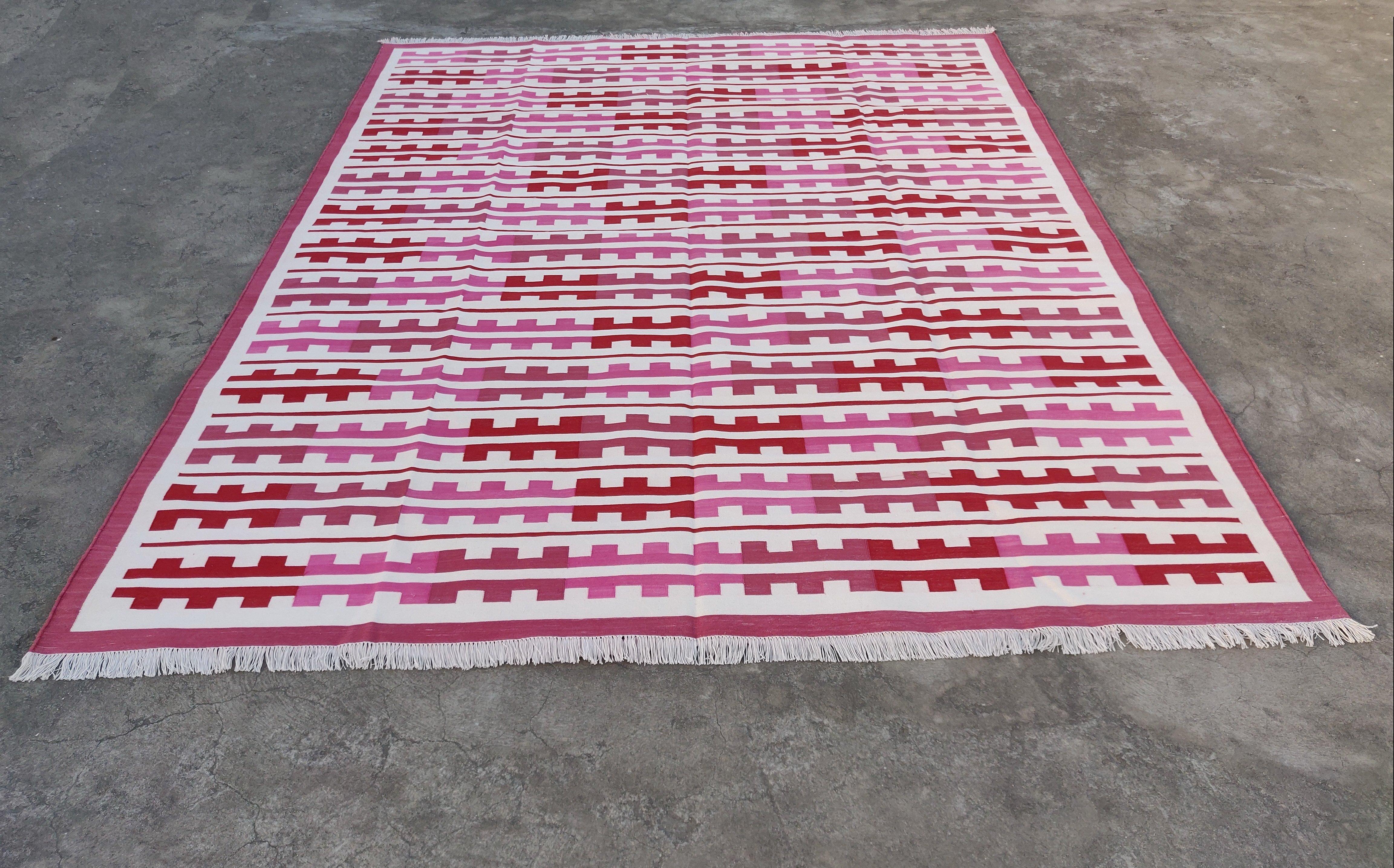XXIe siècle et contemporain Tapis en coton tissé à plat, 8x10 Rouge et blanc rayé Marianne Dhurrie en vente