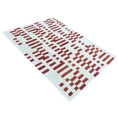 Tappeto a tessitura piatta in cotone fatto a mano, 8x10 a righe bianche e rosse, indiano Dhurrie
