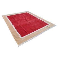 Handgefertigter Flachgewebe-Teppich aus Baumwolle, 8x10 Rot, Tan Stern-Muster Indische Dhurrie
