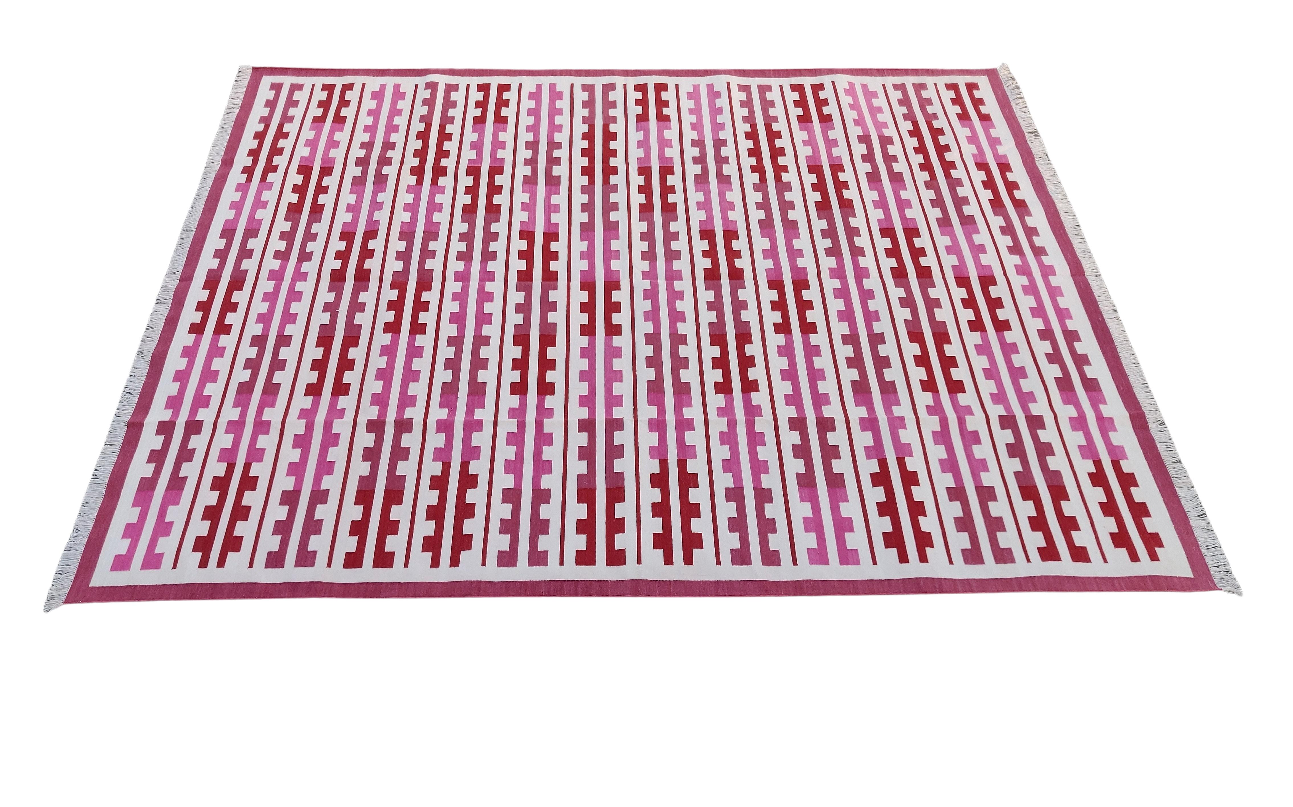 Contemporary Handmade Cotton Area Flat Weave Rug, 8x10 Red & White Marianne Striped Dhurrie For Sale