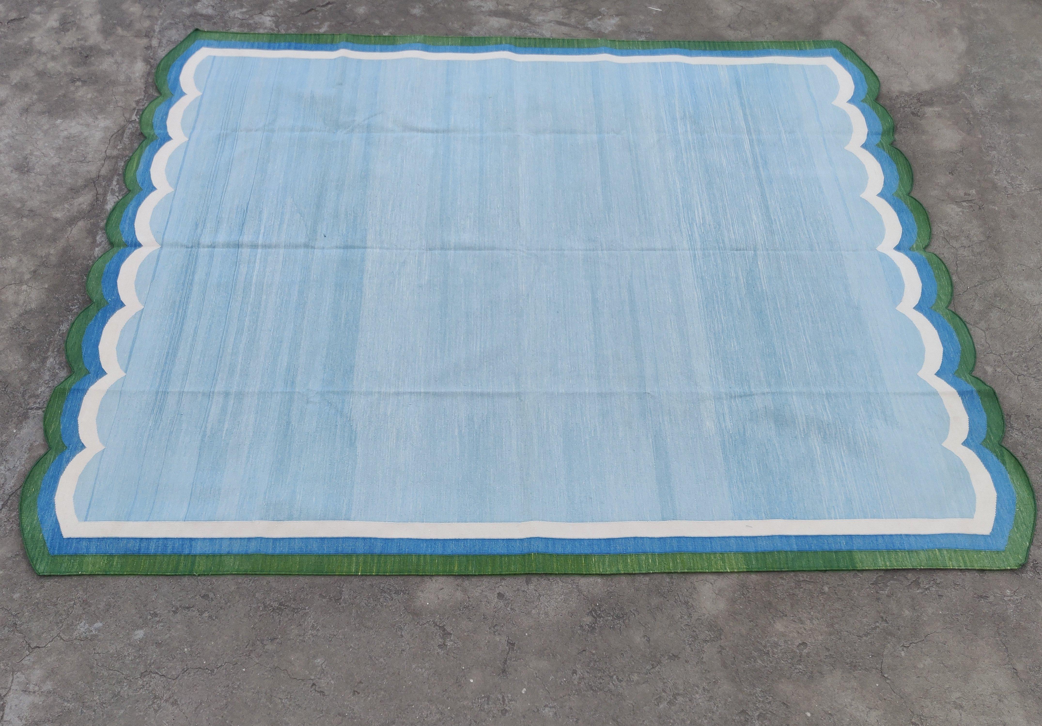 Handmade Cotton Area Flat Weave Rug, 8x10 Sky Blue, Green Scallop Indian Dhurrie For Sale 4