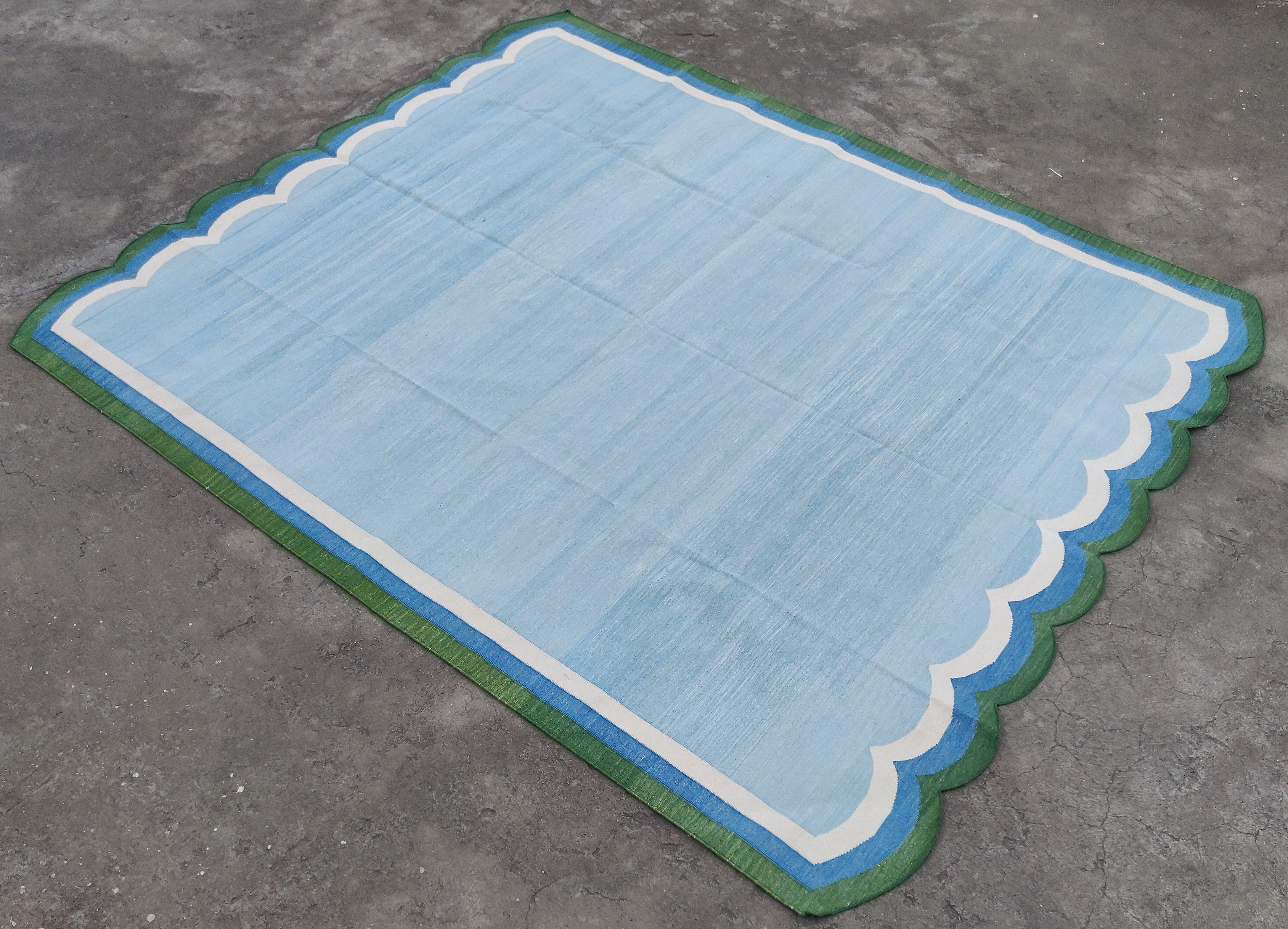 Handmade Cotton Area Flat Weave Rug, 8x10 Sky Blue, Green Scallop Indian Dhurrie For Sale 5