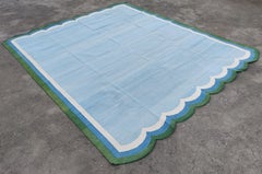 Handmade Cotton Area Flat Weave Rug, 8x10 Sky Blue, Green Scallop Indian Dhurrie