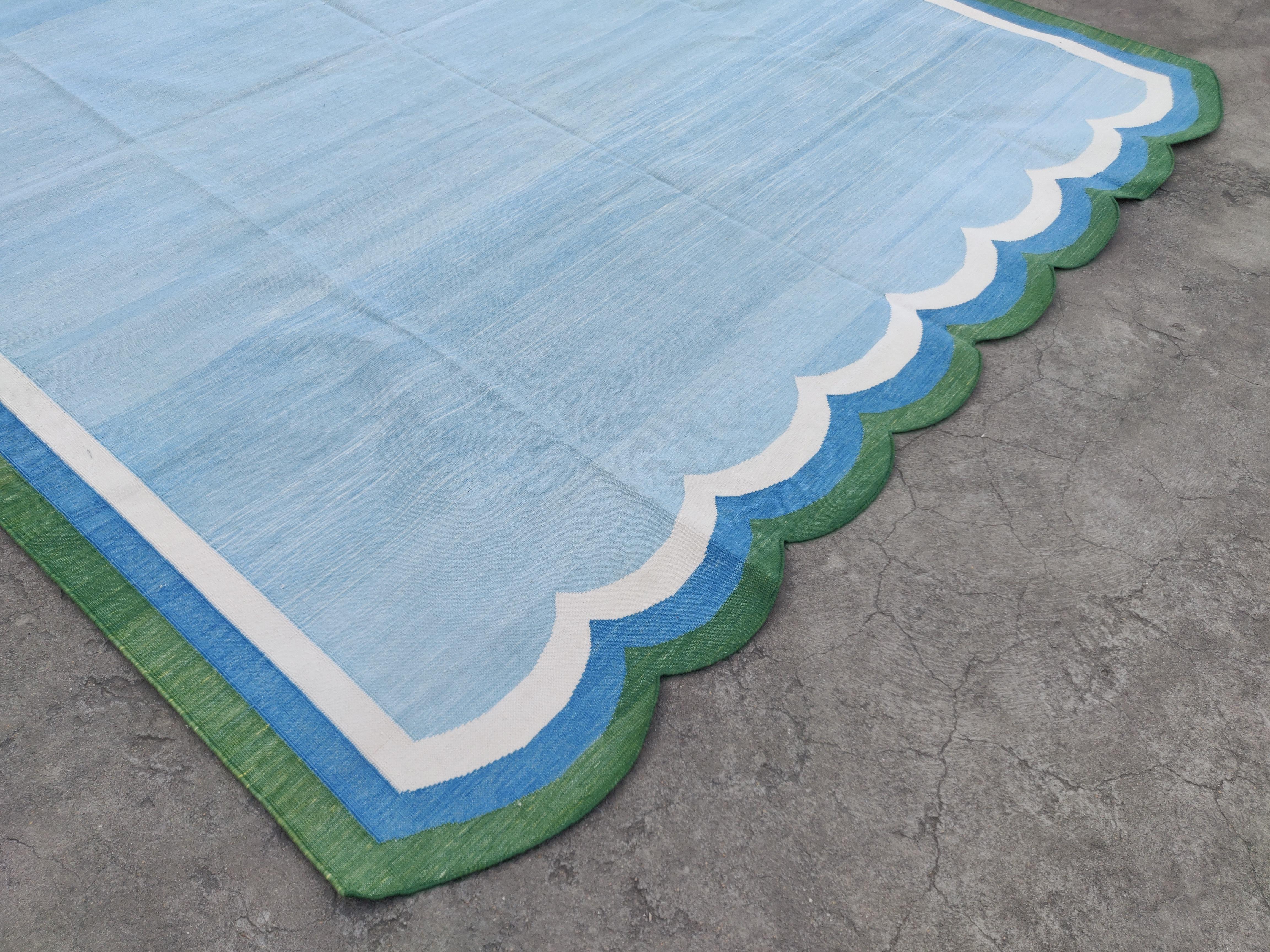 Hand-Woven Handmade Cotton Area Flat Weave Rug, 8x10 Sky Blue, Green Scallop Indian Dhurrie For Sale