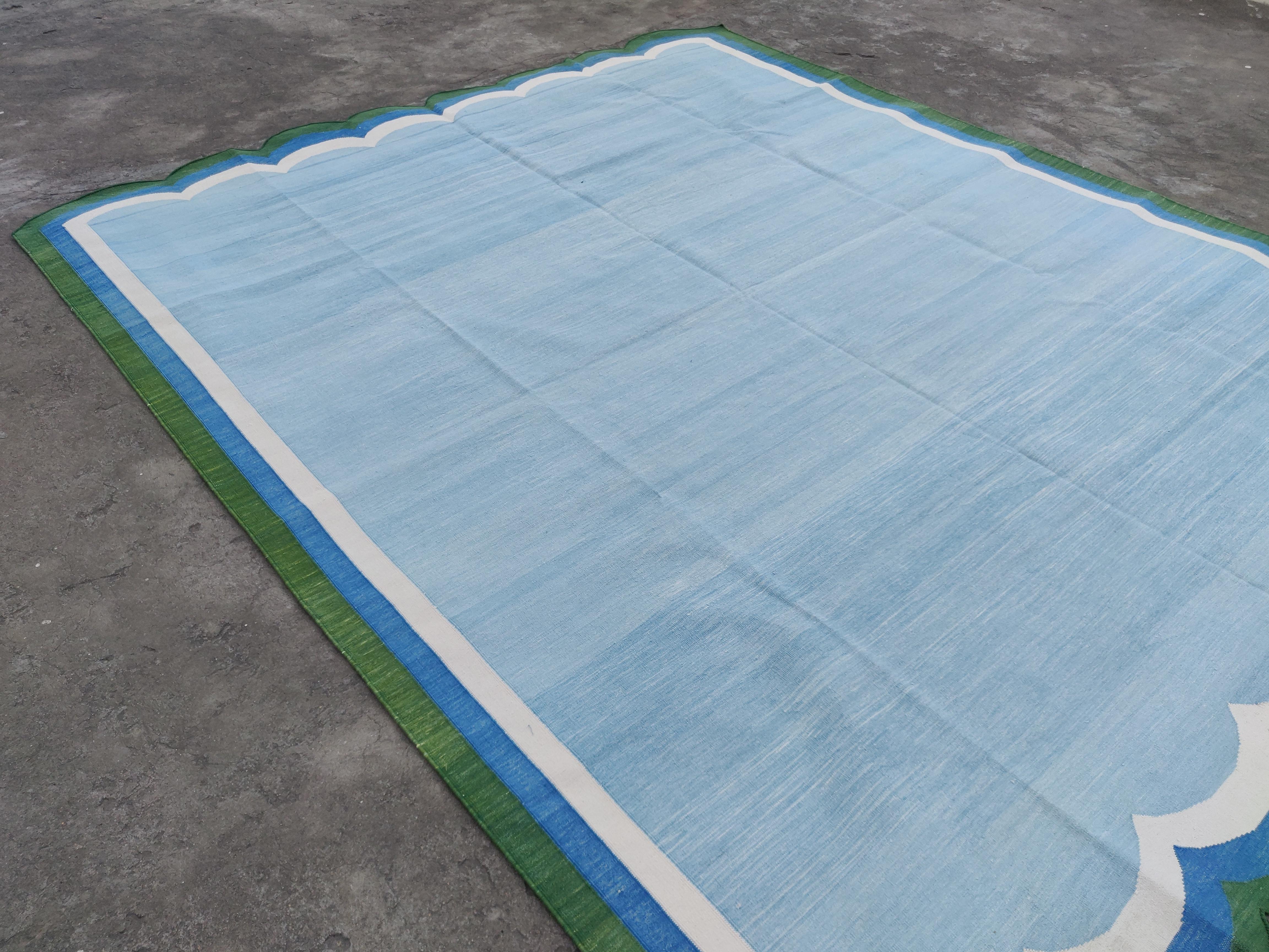 Handmade Cotton Area Flat Weave Rug, 8x10 Sky Blue, Green Scallop Indian Dhurrie In New Condition For Sale In Jaipur, IN