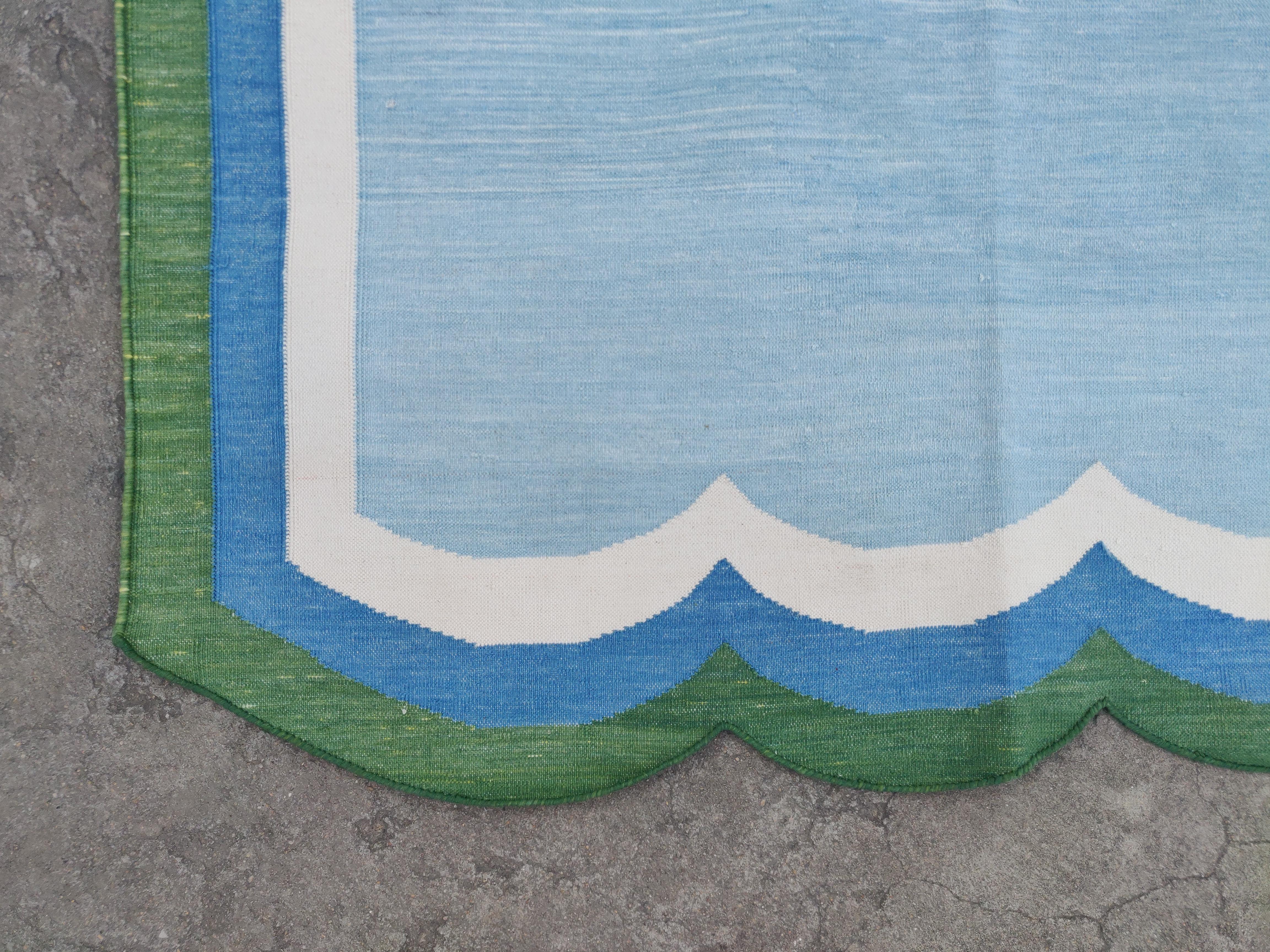 Contemporary Handmade Cotton Area Flat Weave Rug, 8x10 Sky Blue, Green Scallop Indian Dhurrie For Sale