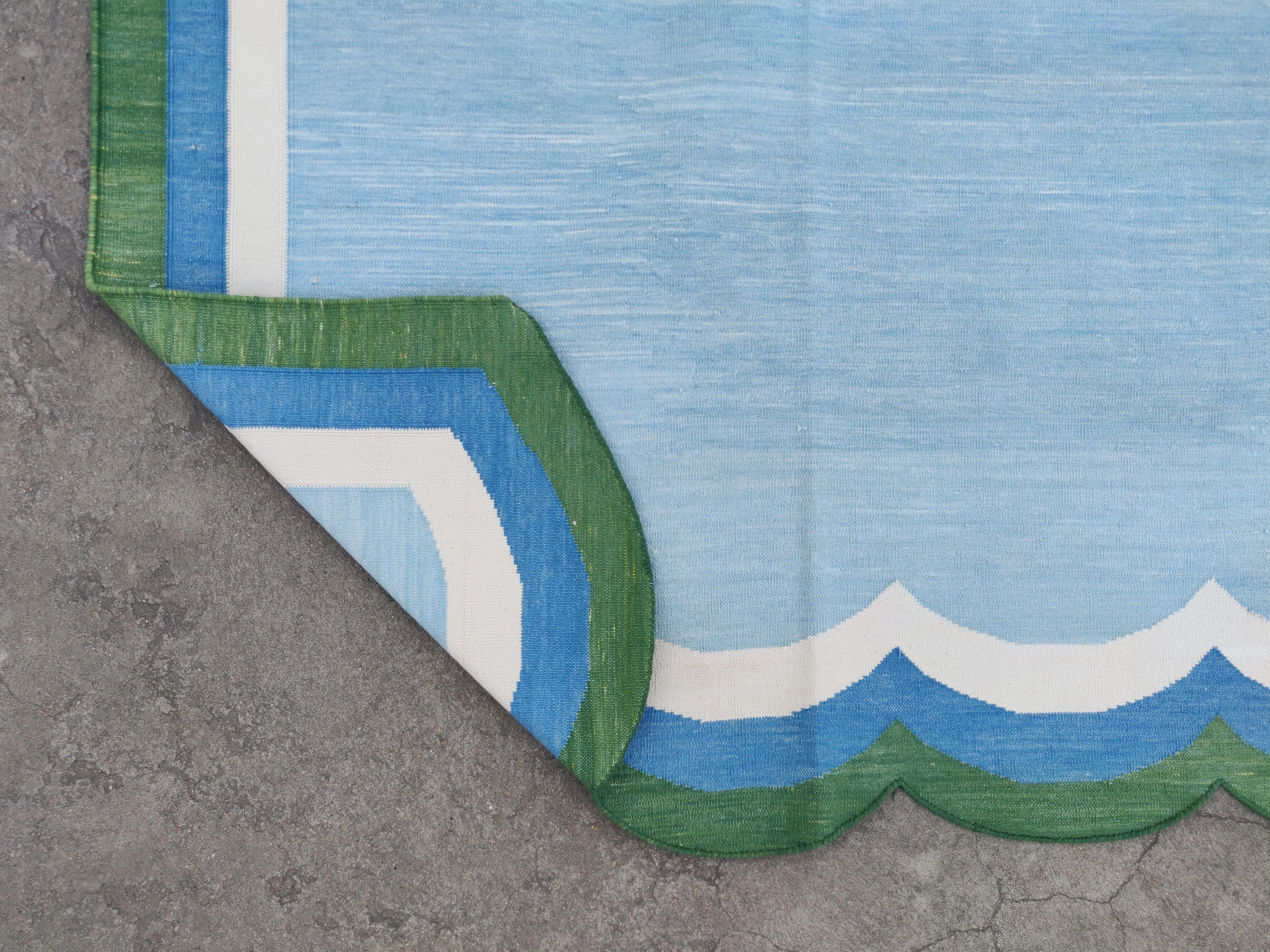 Handmade Cotton Area Flat Weave Rug, 8x10 Sky Blue, Green Scallop Indian Dhurrie For Sale 1