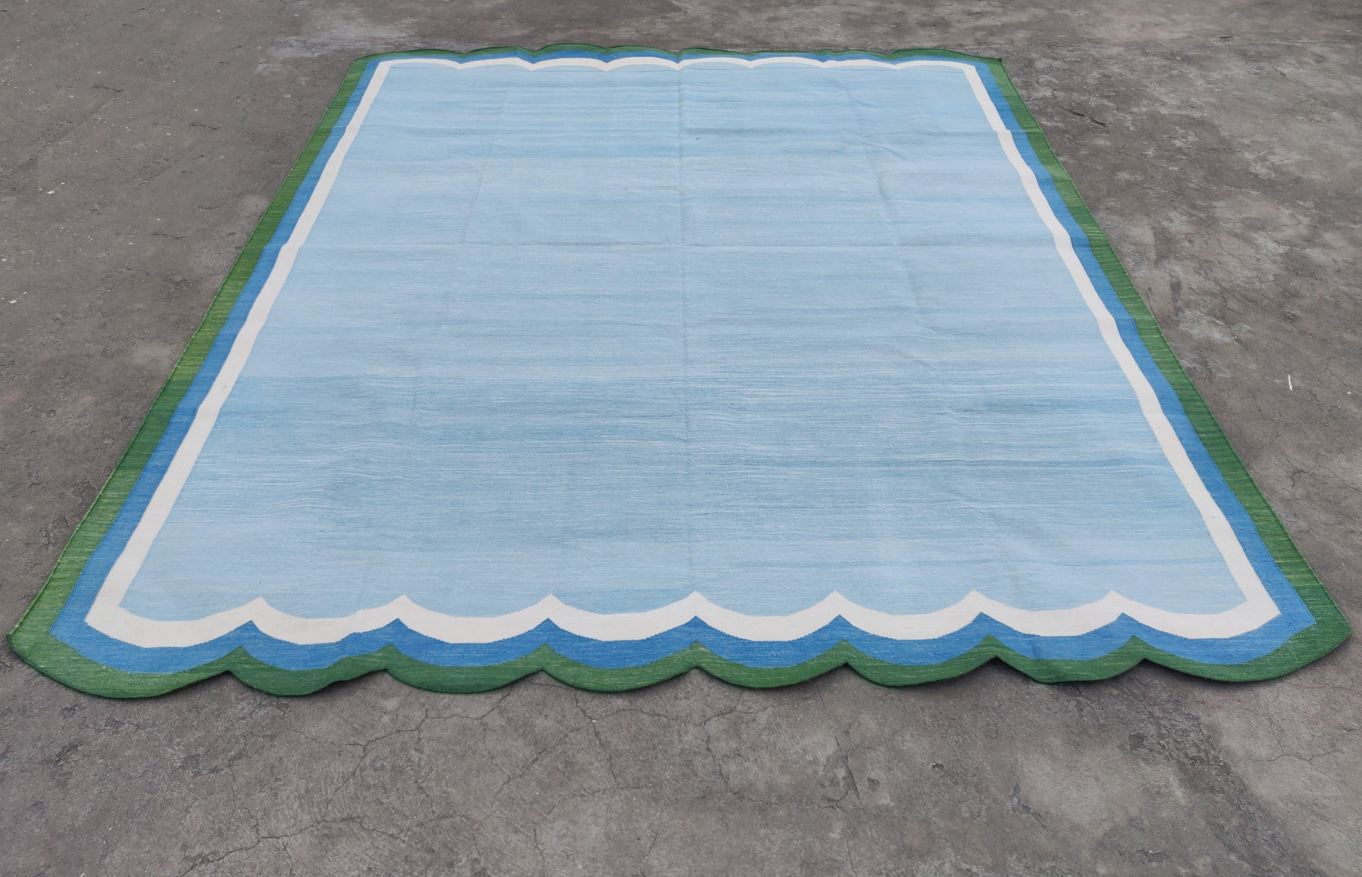 Handmade Cotton Area Flat Weave Rug, 8x10 Sky Blue, Green Scallop Indian Dhurrie For Sale 2