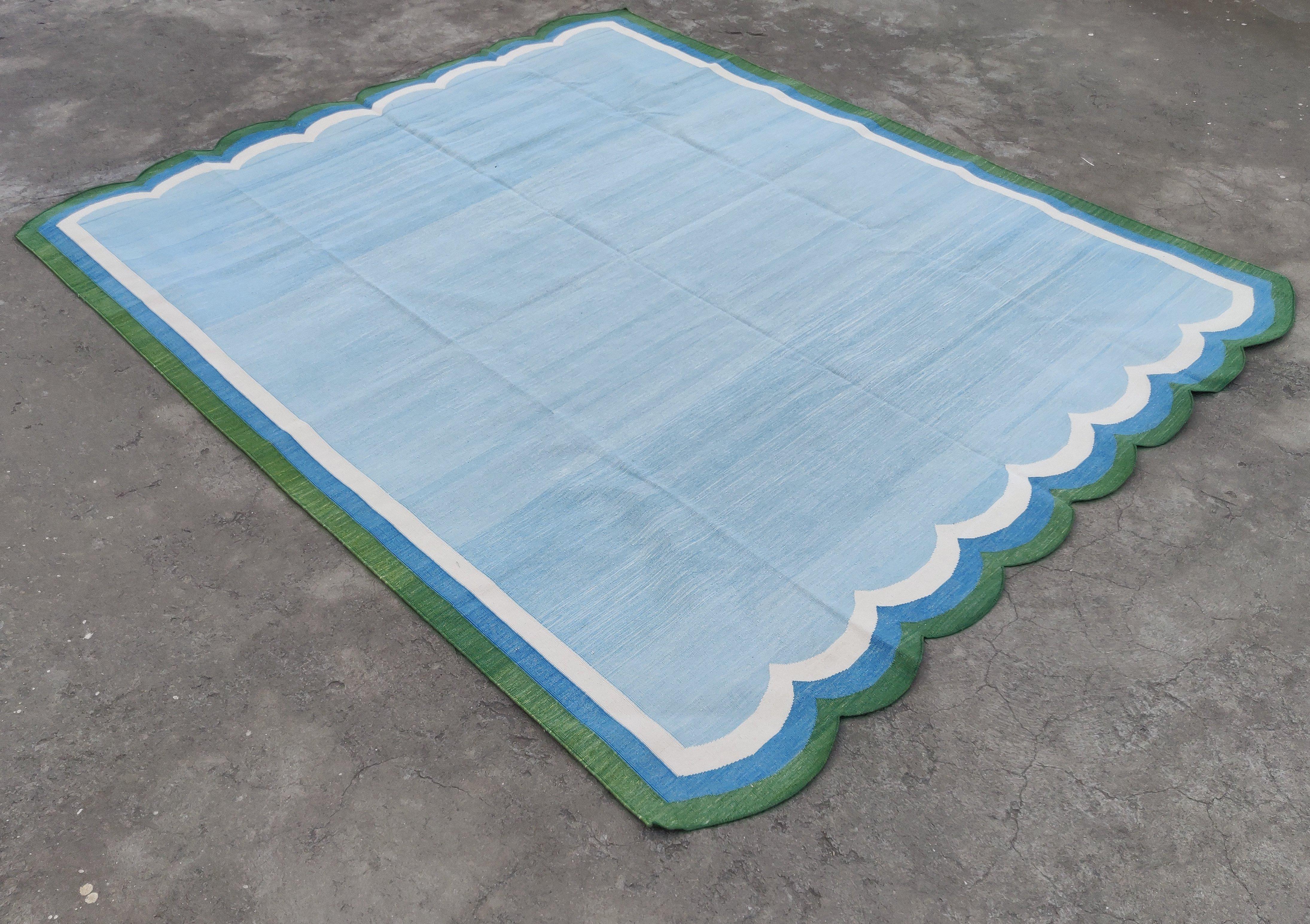 Handmade Cotton Area Flat Weave Rug, 8x10 Sky Blue, Green Scallop Indian Dhurrie For Sale 3