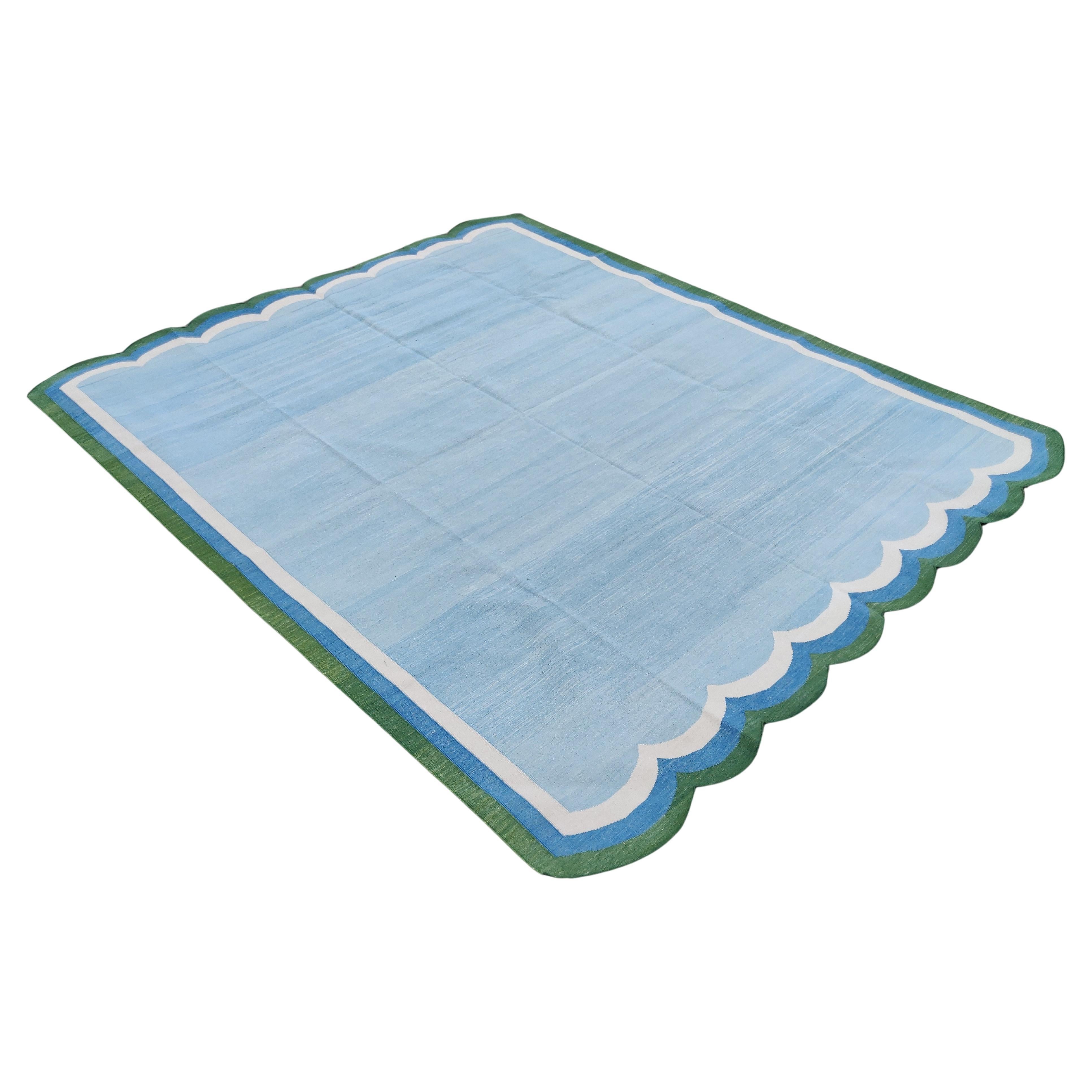Handmade Cotton Area Flat Weave Rug, 8x10 Sky Blue, Green Scallop Indian Dhurrie
