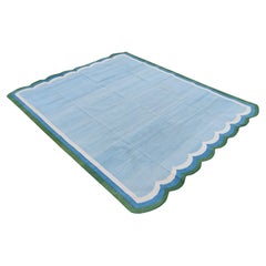 Handmade Cotton Area Flat Weave Rug, 8x10 Sky Blue, Green Scallop Indian Dhurrie