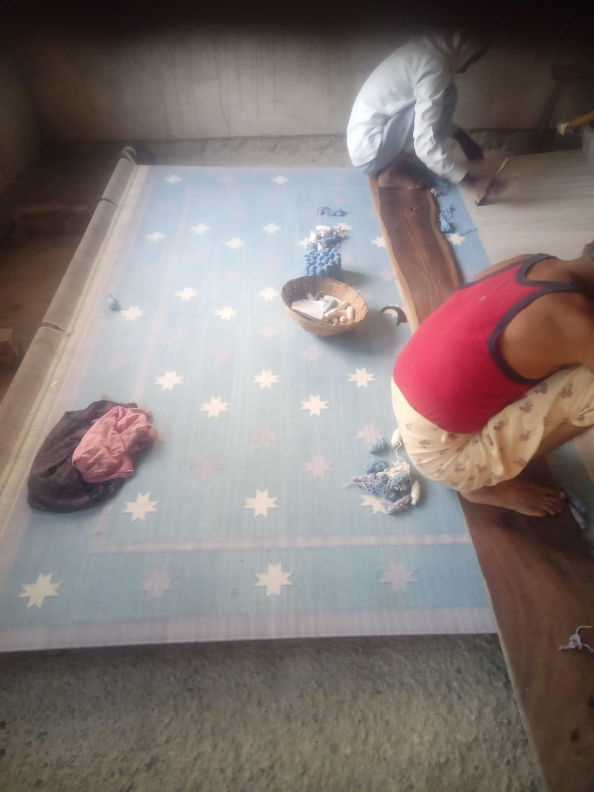 Alfombra de Algodón de Tejido Plano, 8x10 Azul Celeste, Lavanda Estrella India Dhurrie en venta 7