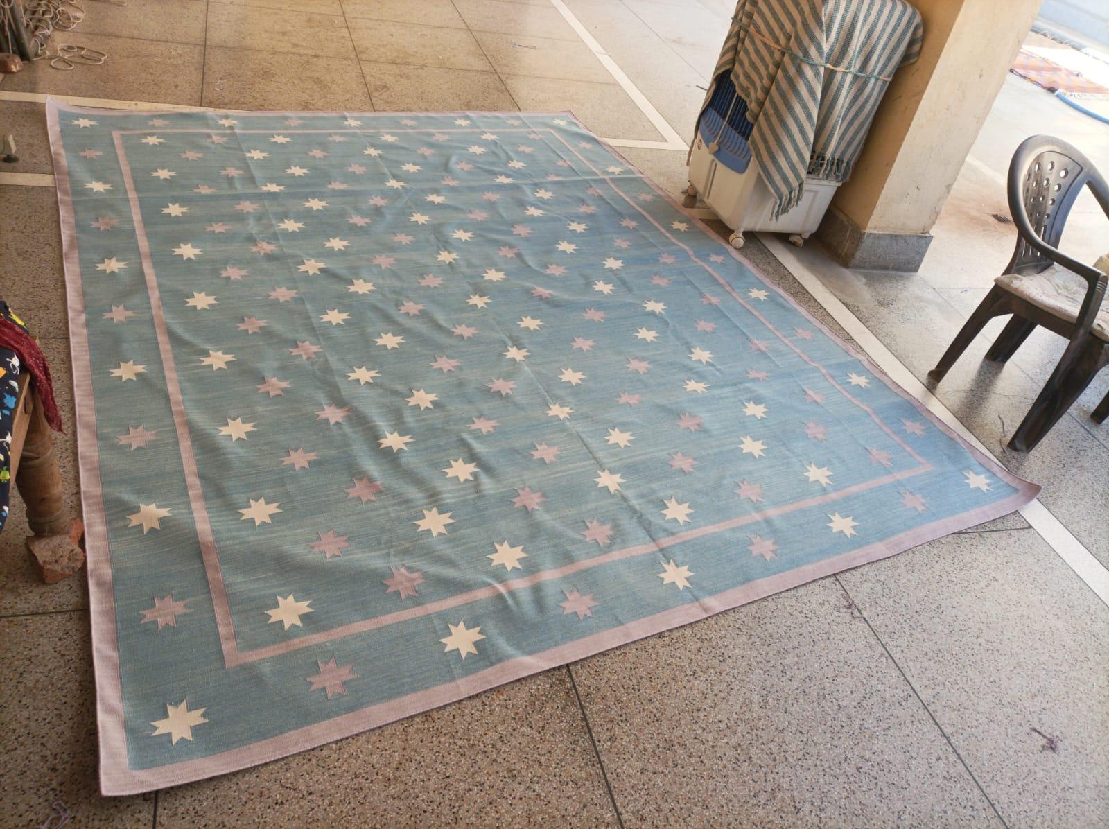 Alfombra de Algodón de Tejido Plano, 8x10 Azul Celeste, Lavanda Estrella India Dhurrie en venta 8