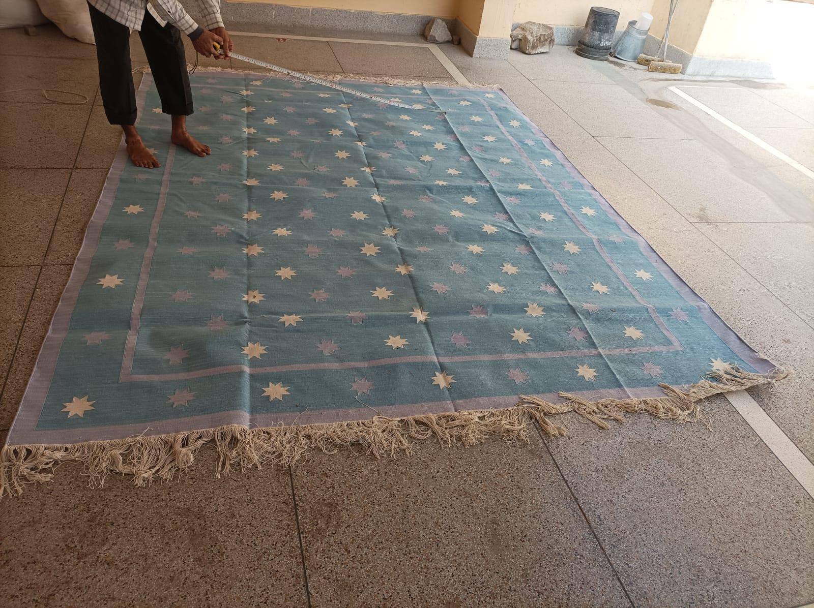 Alfombra de Algodón de Tejido Plano, 8x10 Azul Celeste, Lavanda Estrella India Dhurrie en venta 9