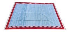 Handmade Cotton Area Flat Weave Rug, 8x10 Sky Blue, Red Zig Zag Striped Dhurrie