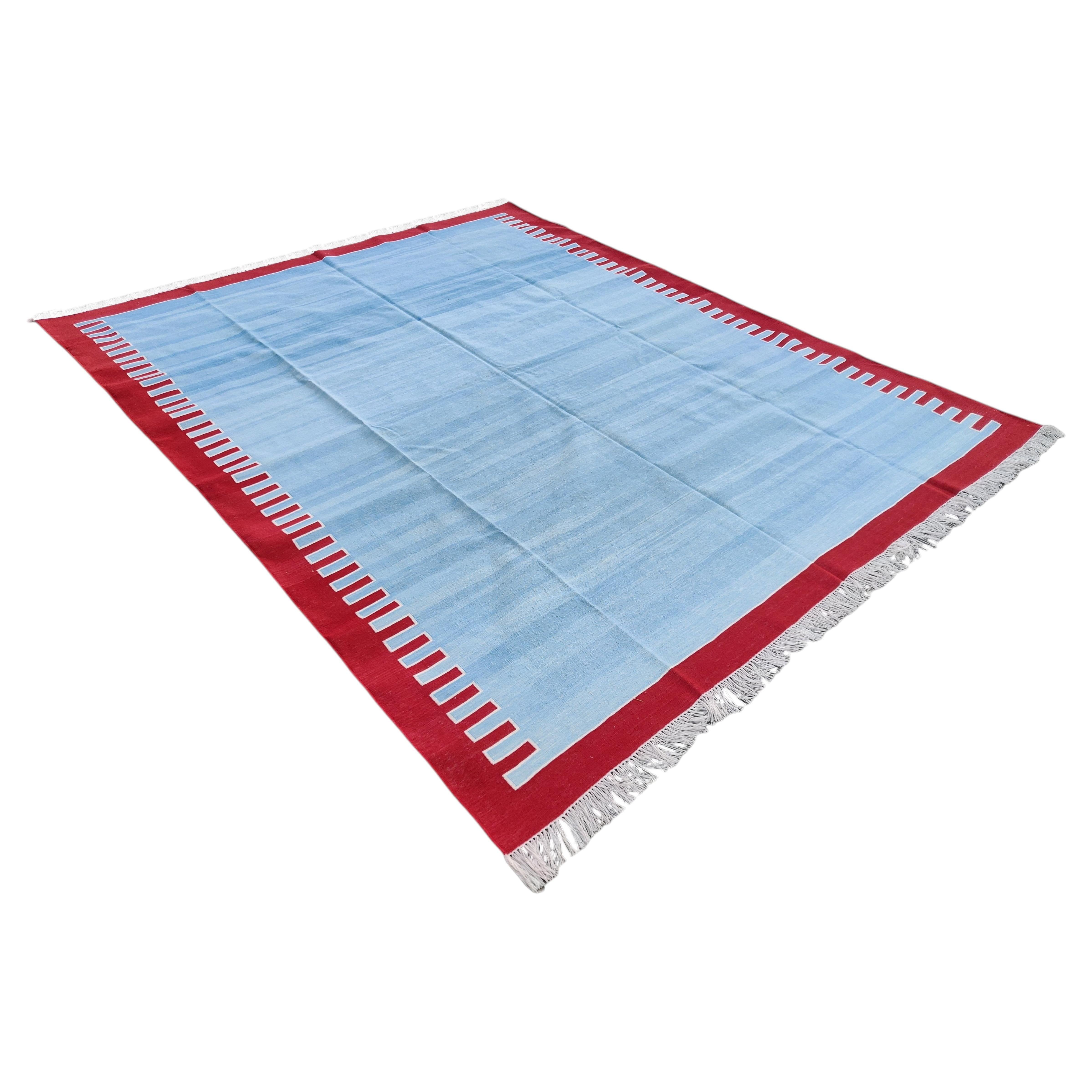 Handmade Cotton Area Flat Weave Rug, 8x10 Sky Blue, Red Zig Zag Striped Dhurrie