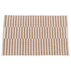 Handmade Cotton Area Flat Weave Rug, 8x10 Tan And White Striped Indian Dhurrie