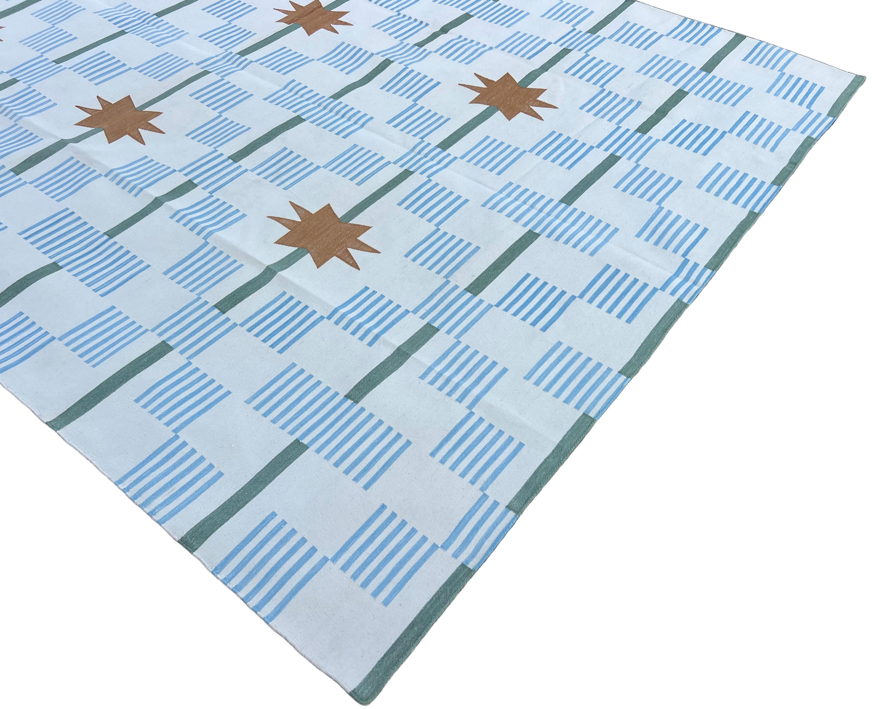Mid-Century Modern Handmade Cotton Area Flat Weave Rug, 8x10 White, Tan, Star Dash Indian Dhurrie For Sale