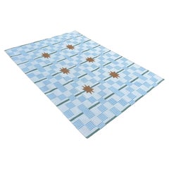 Handgefertigter Flachgewebe-Teppich aus Baumwolle, 8x10 Weiß, Blau gestreifter Stern-Indianer Dhurrie