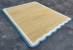 Handmade Cotton Area Flat Weave Rug, 8x10 Yellow And Blue Scallop Indian Dhurrie