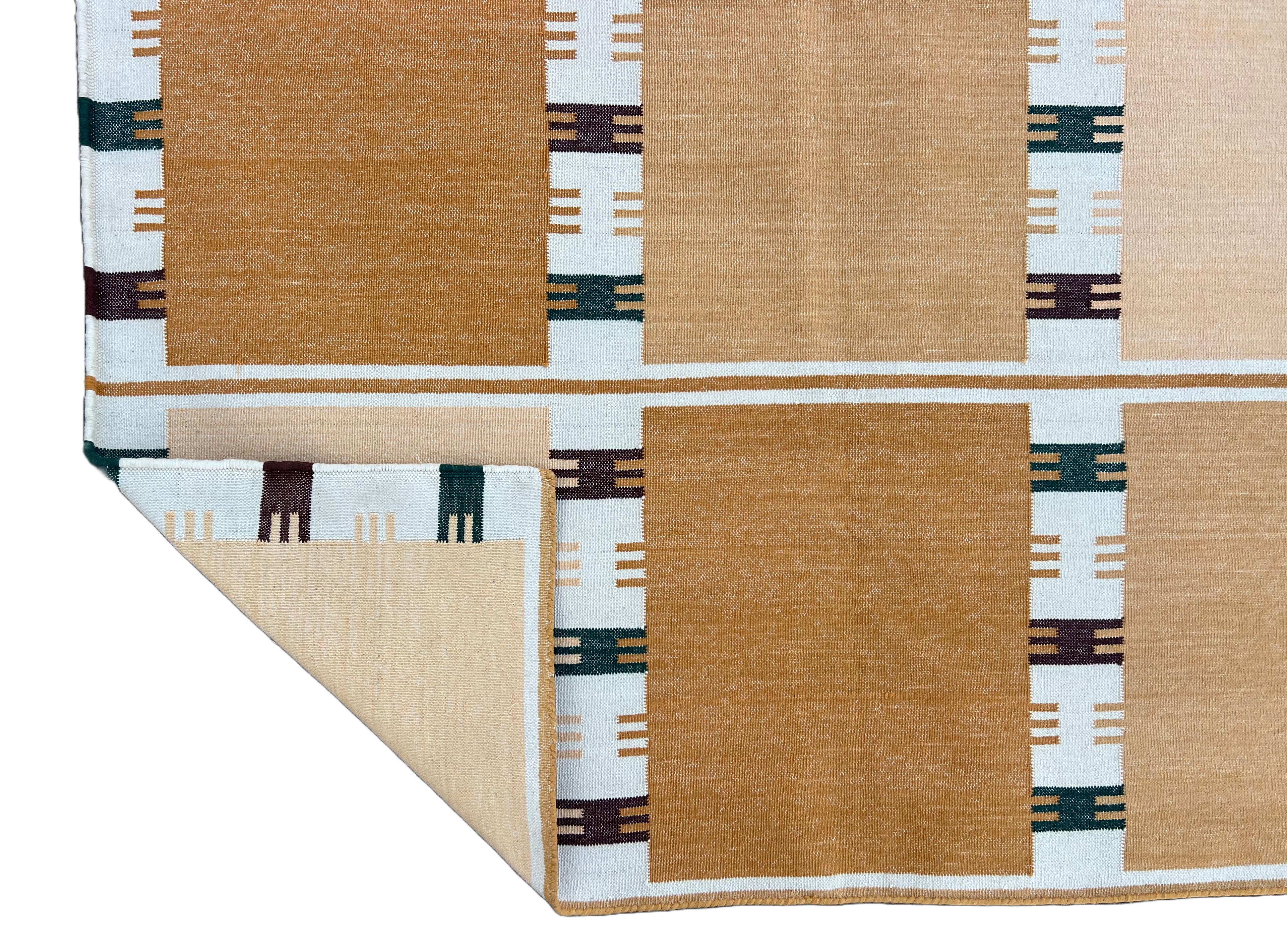 Handmade Cotton Area Flat Weave Rug, 8x10 Yellow, Cream Geometric Indian Dhurrie For Sale 4