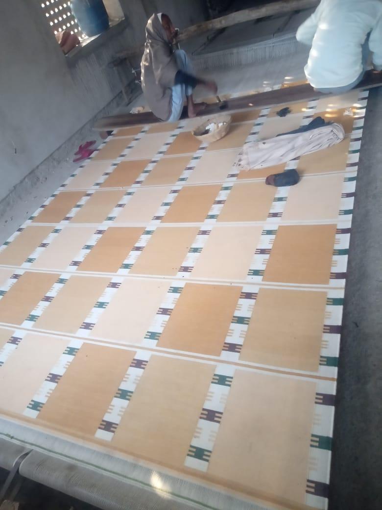 Handmade Cotton Area Flat Weave Rug, 8x10 Yellow, Cream Geometric Indian Dhurrie For Sale 6