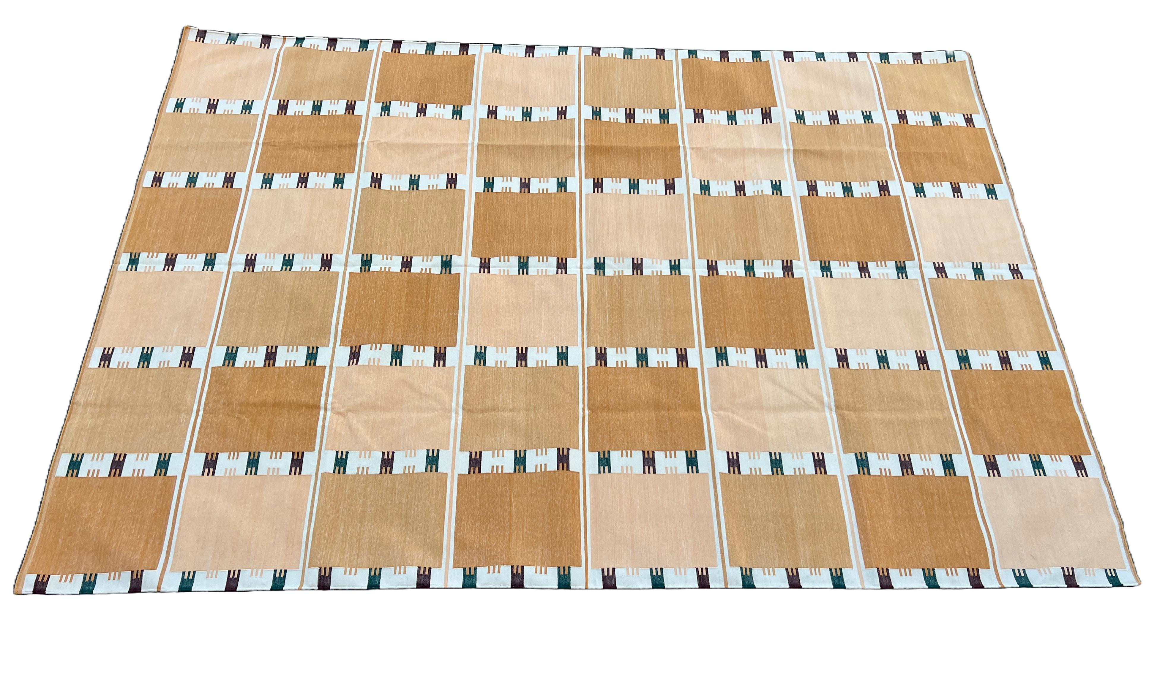 Mid-Century Modern Handmade Cotton Area Flat Weave Rug, 8x10 Yellow, Cream Geometric Indian Dhurrie For Sale