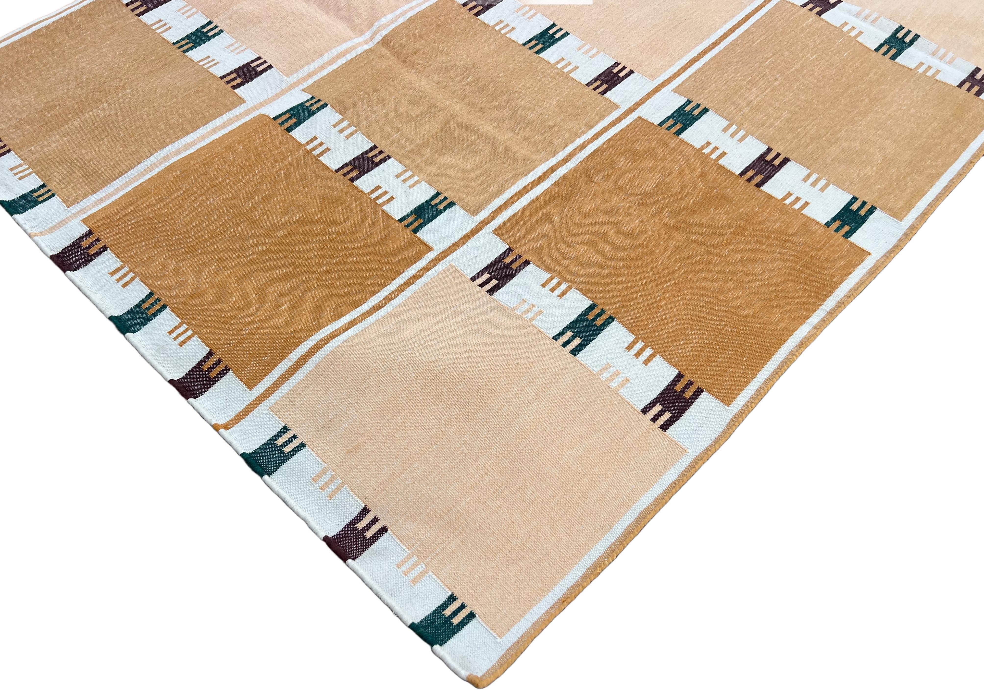 Hand-Woven Handmade Cotton Area Flat Weave Rug, 8x10 Yellow, Cream Geometric Indian Dhurrie For Sale
